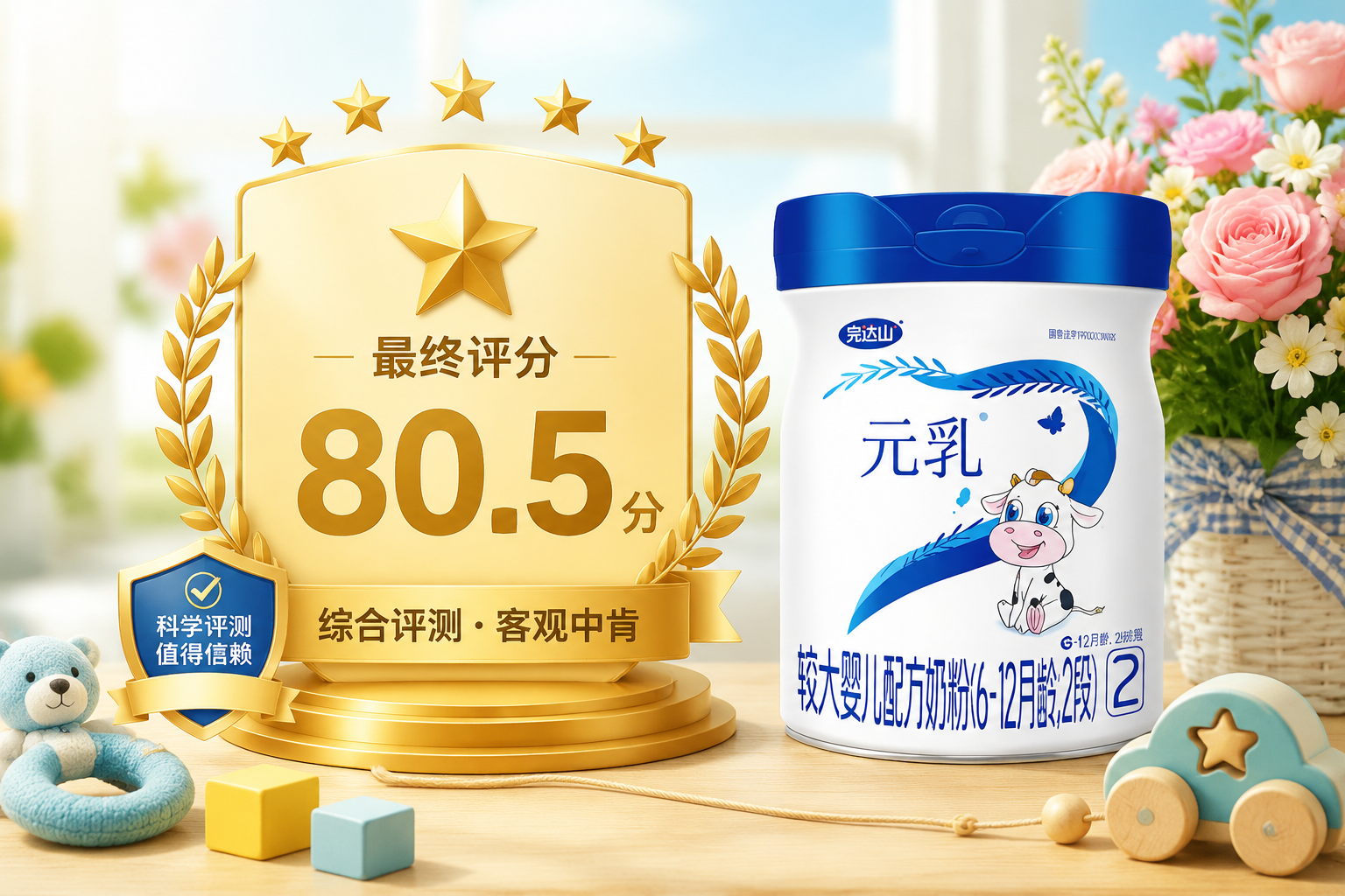 一張代表“最終評分”的精美插圖。一個金色的獎杯或星級評分板（顯示80.5分），旁邊放著一聽完達山元乳2段奶粉，配以鮮花和嬰兒玩具作為點綴，畫面明亮，傳遞出客觀、中肯的評測態(tài)度。