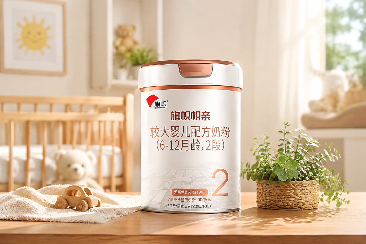 商业摄影，一罐旗帜帜亲奶粉2段放置在木质桌面上，背景是柔和的阳光和温馨的婴儿房环境，旁边有少许绿植点缀，高清晰度，柔和光线，专业打光，展现产品高端品质。