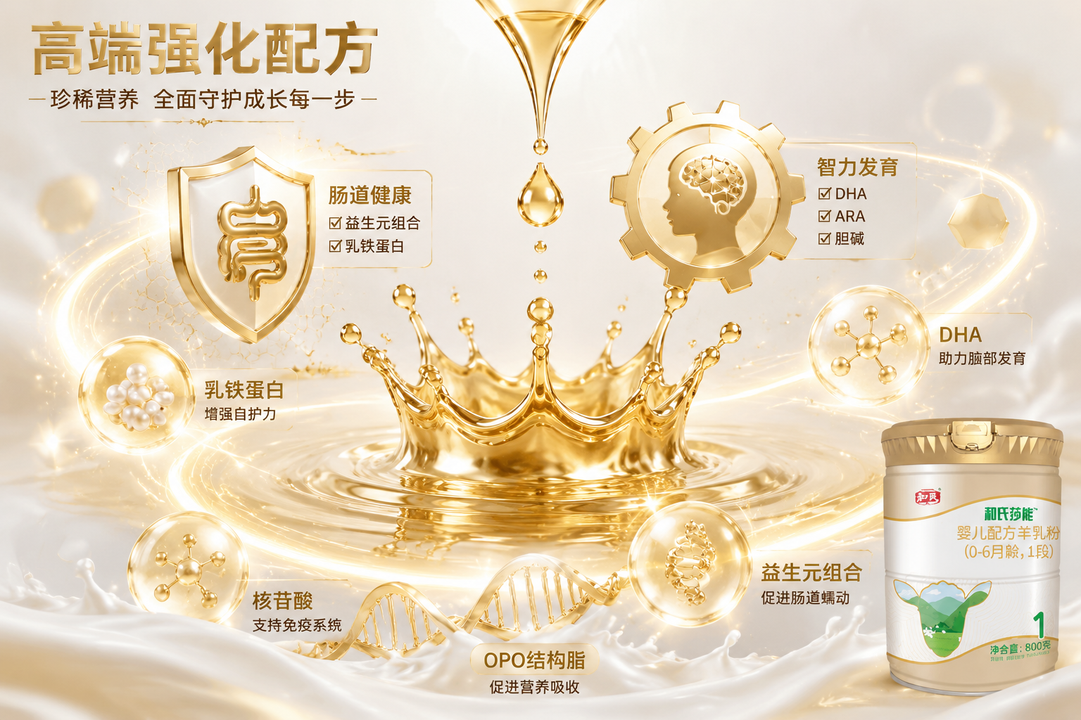 高端强化配方概念图，金色的液体滴落溅起皇冠形状的水花，周围环绕着象征肠道健康的盾牌和代表智力发育的齿轮图标，高端奢华的金色与纯白色调，体现珍稀营养成分。