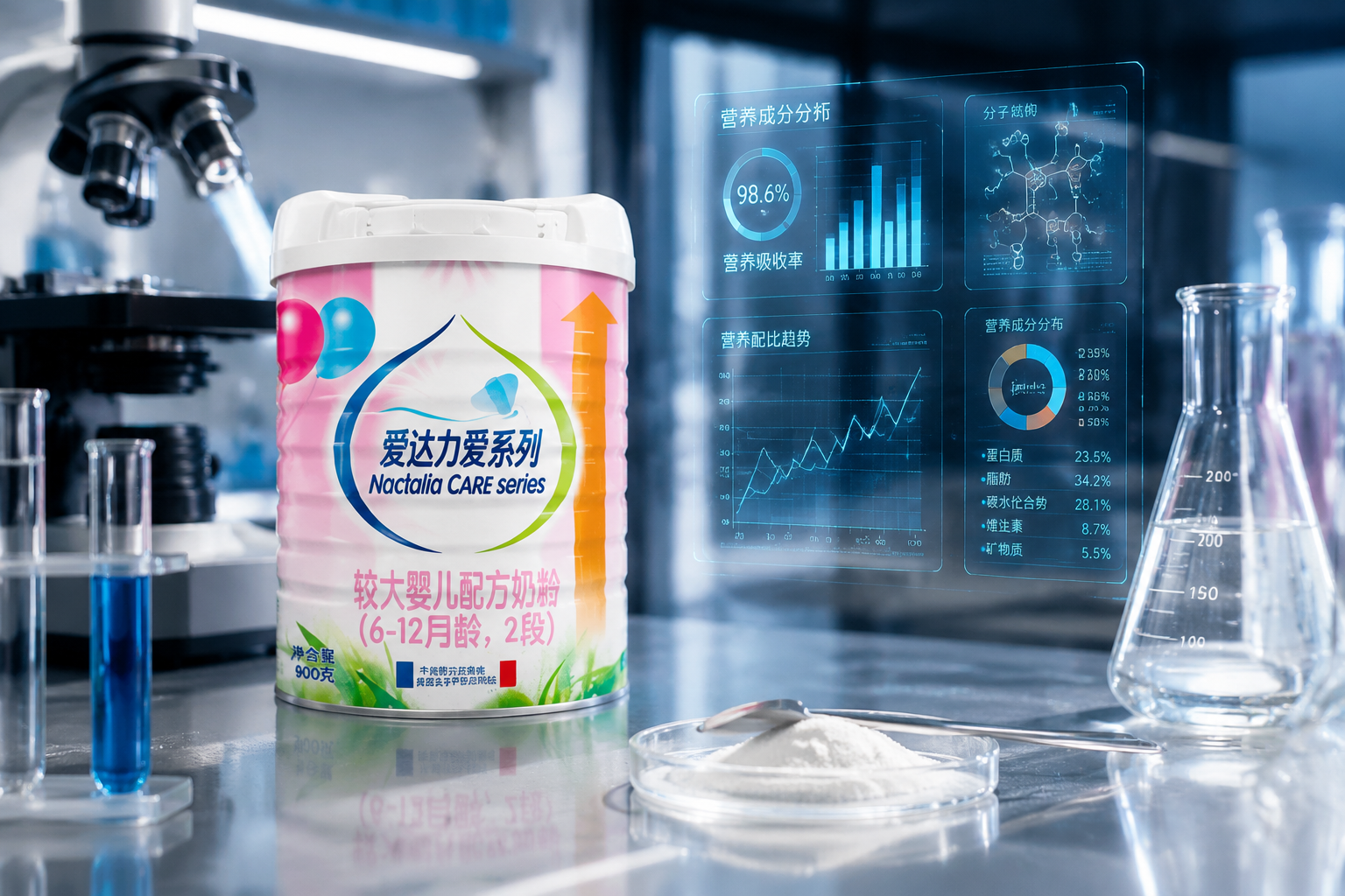 干凈整潔的實(shí)驗(yàn)室桌面，放著試管、顯微鏡和量杯，旁邊放置著一罐愛達(dá)力奶粉，旁邊有全息投影出的豐富數(shù)據(jù)圖表，展現(xiàn)出精準(zhǔn)、嚴(yán)謹(jǐn)?shù)臓I養(yǎng)數(shù)據(jù)測(cè)量概念，微距攝影，高清晰度。