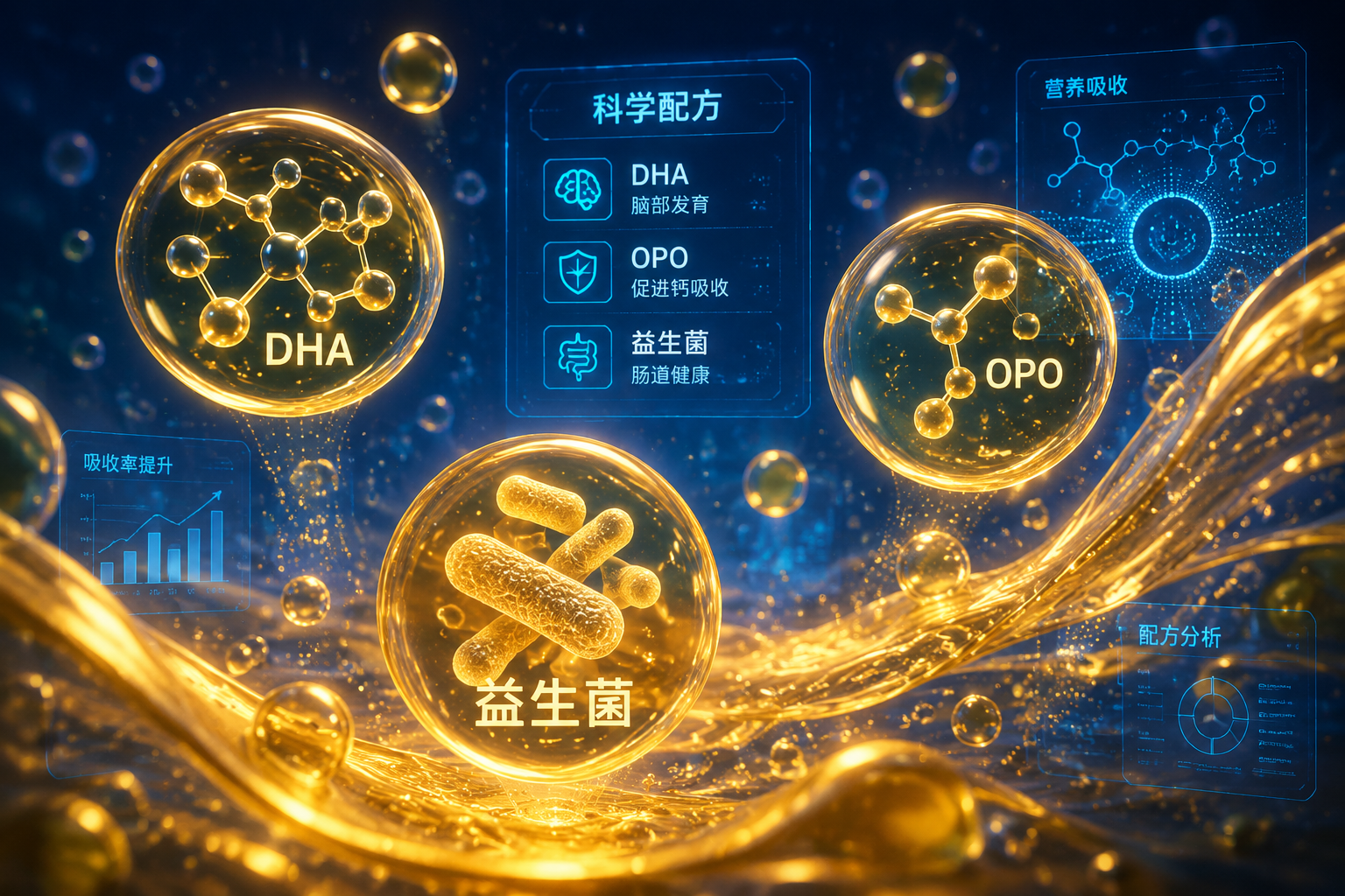 充满科技感的微观世界，发光的分子结构代表DHA、OPO和益生菌，漂浮在金色的液体中，背景是深邃的蓝色，带有全息数据面板，展现科学配方与营养吸收的概念，3D渲染，高质量。