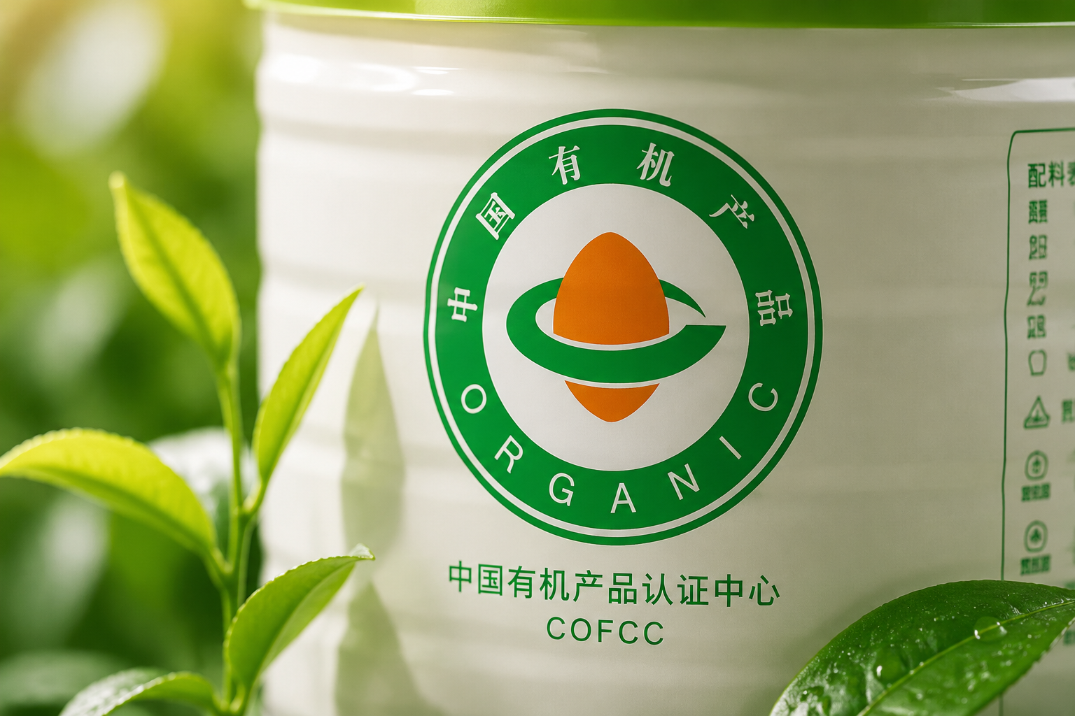 微距特写镜头，一个绿色的中国有机产品认证中心（COFCC）标志印在奶粉罐的表面，周围有几片翠绿的有机茶叶或树叶点缀，打光柔和，强调安全与天然的质感。