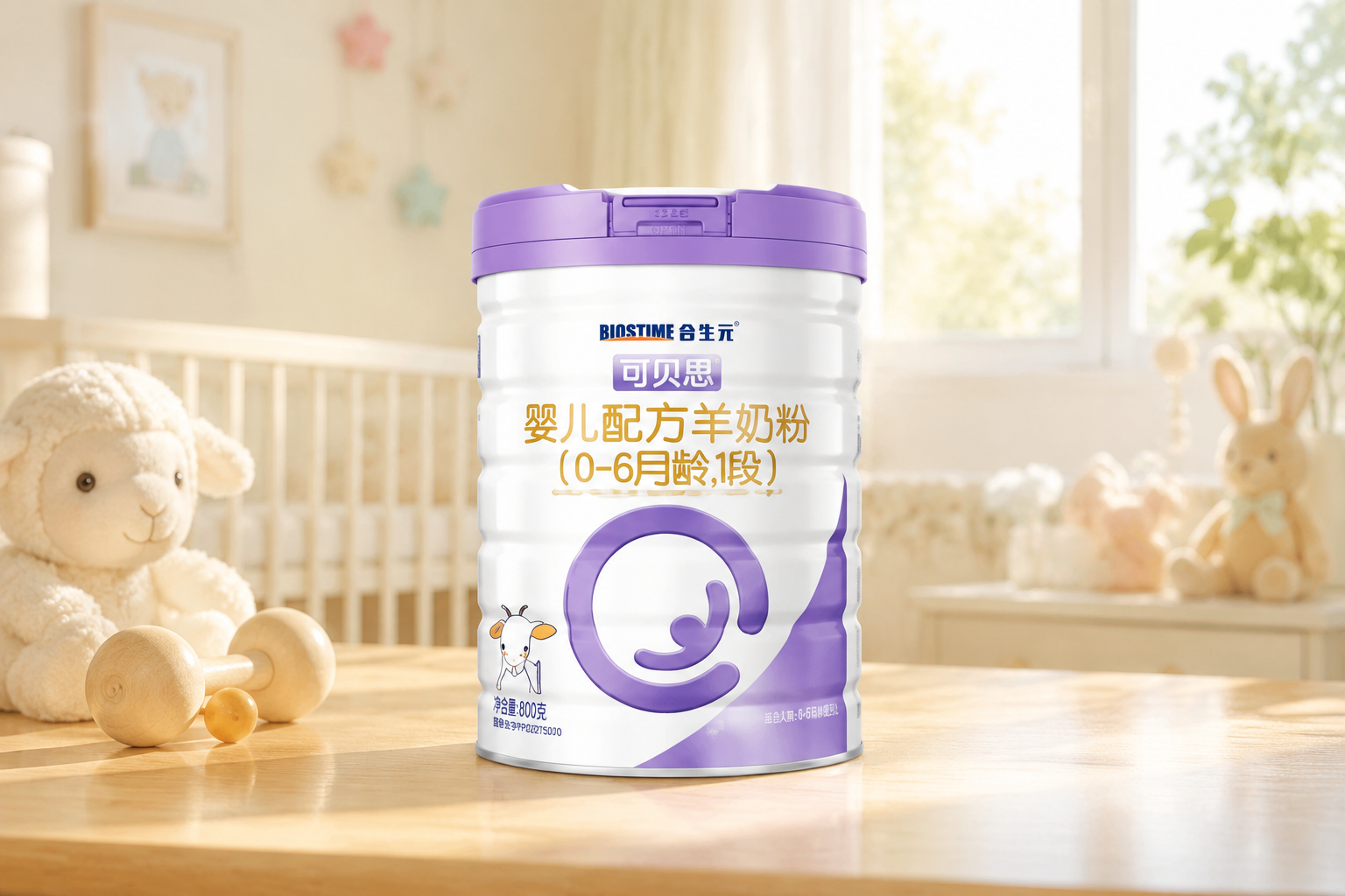 商业摄影,一罐合生元可贝思羊奶粉放置在干净明亮的木质桌面上,背景是温馨柔和的婴儿房,阳光透过窗户洒在奶粉罐上,高清晰度,质感细腻。