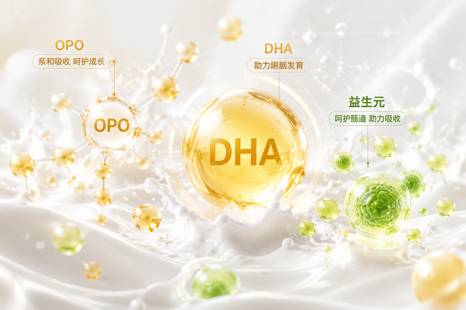充满微观科技感的营养元素3D渲染图,画面中有代表DHA的金色脂滴、代表OPO的分子结构、以及代表益生元的绿色活力粒子,悬浮在纯白的牛奶波浪之上,展现奶粉丰富的核心营养配方。