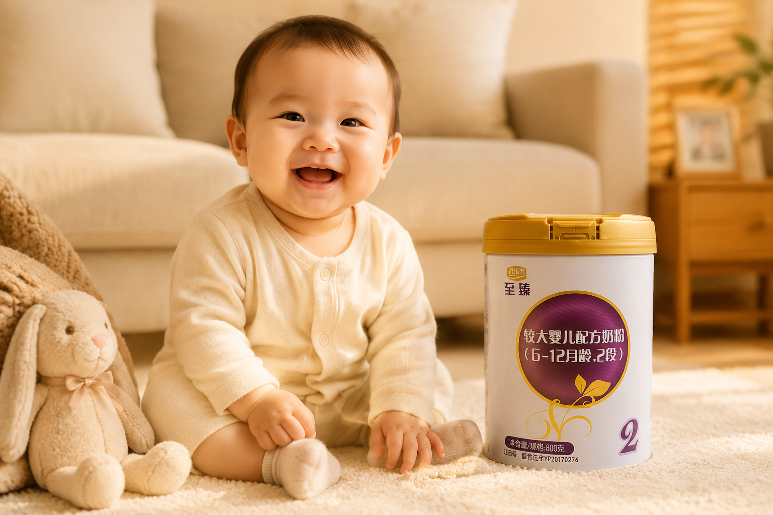 一位可愛的嬰兒（約6-12個(gè)月大）坐在地毯上開心地笑，旁邊放著一罐君樂寶至臻奶粉，畫面呈現(xiàn)真實(shí)的家庭試用場景，色調(diào)溫暖，充滿母愛氛圍。