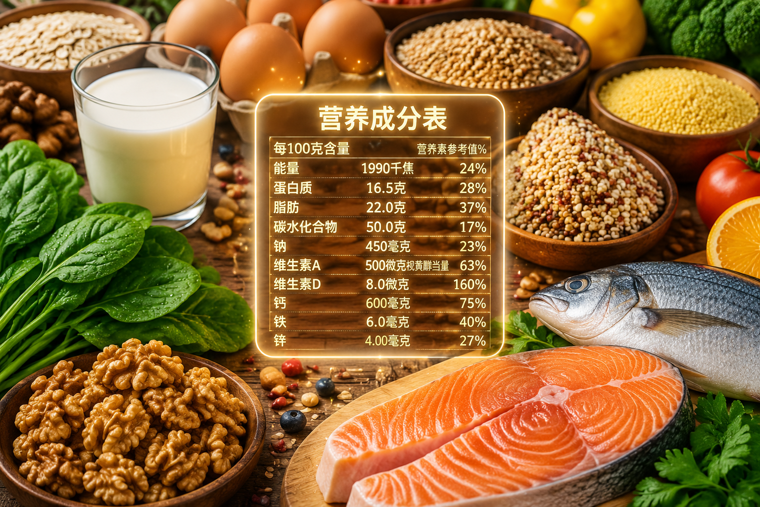 豐富多樣的健康食材鋪滿桌面，包括新鮮的菠菜、深海魚、核桃、雞蛋、牛奶和五谷雜糧，中間放置著一份發(fā)光的營(yíng)養(yǎng)成分?jǐn)?shù)據(jù)表，色彩鮮艷，健康飲食概念，微距攝影，高清晰度。