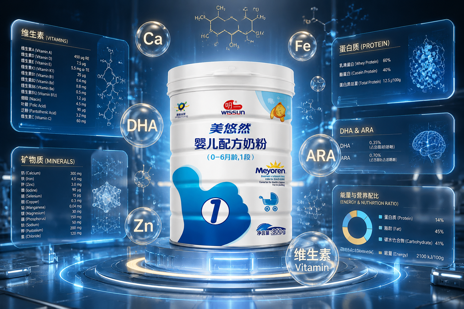 充满未来科技感的实验室背景，中央是明一美悠然奶粉罐，周围悬浮着各种代表维生素、矿物质、蛋白质的半透明数据面板和化学分子式，数据清晰可见，蓝金色调，展现营养成分的科学配比。