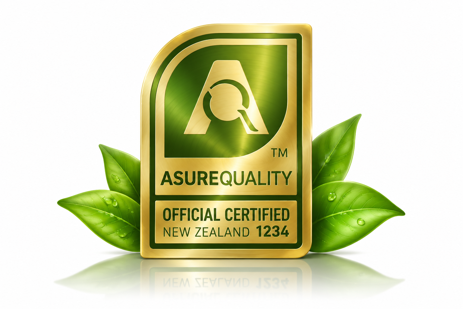 一个金色的AsureQuality官方认证徽章，带有绿色的叶子元素，放置在纯净的白色背景上，带有轻微的倒影和高级的光泽感，象征着国际最高食品安全和质量标准。