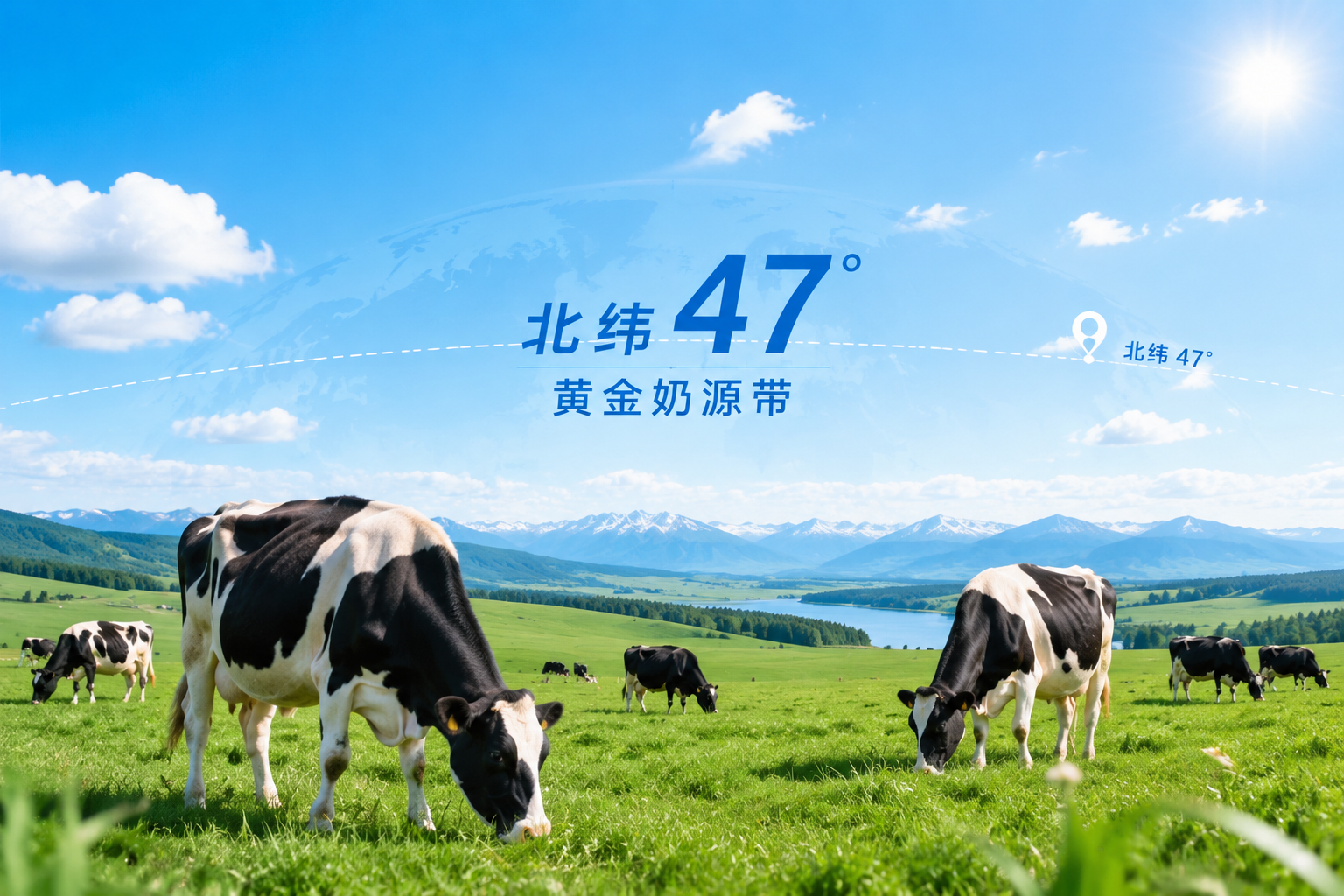 广阔美丽的绿色牧场，蓝天白云，阳光明媚，几头健康的黑白花奶牛在吃草，背景带有北纬47度黄金奶源带的地理坐标元素，画面清新自然，充满生机，高画质，摄影图。
