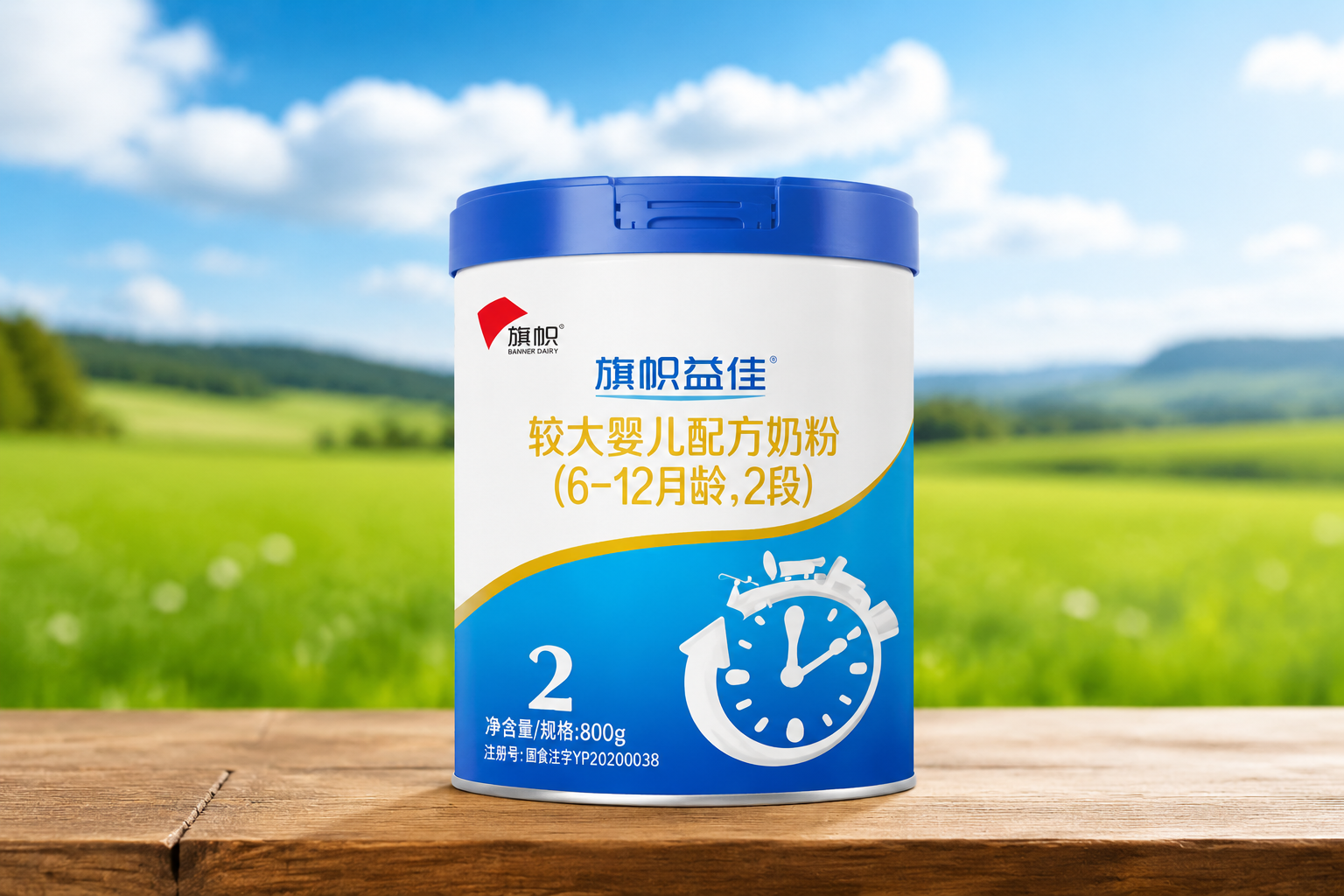一罐清晰的旗幟益佳嬰兒奶粉產(chǎn)品圖，置于原生態(tài)木質(zhì)桌面上，背景是虛化的綠色大草原和藍(lán)天白云，光線明亮柔和，體現(xiàn)生機(jī)與高端品質(zhì)，攝影棚級打光，8k高清，質(zhì)感細(xì)膩。
