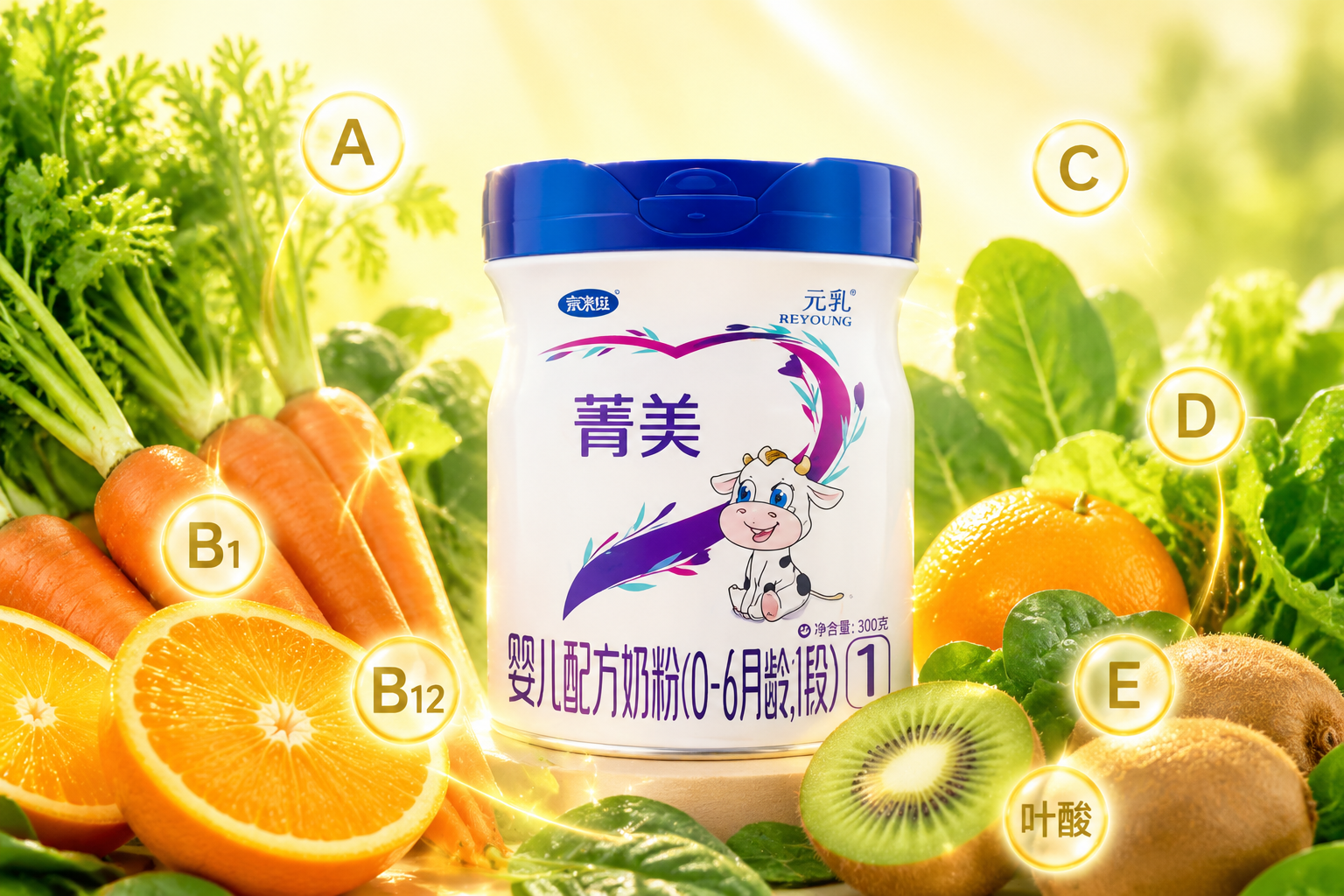 明亮清新的静物摄影，新鲜的胡萝卜、柑橘、猕猴桃和绿叶蔬菜围绕着一瓶奶粉，散发着金色的光芒，代表丰富的维生素群，画面色彩鲜艳，充满生命力。