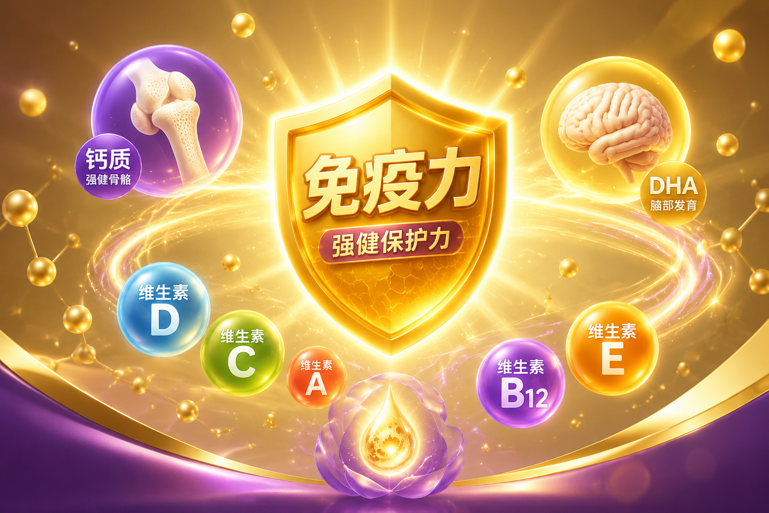 充满活力的营养元素图解，画面中心是一个发光的金色盾牌（代表免疫力），周围环绕着代表钙质的骨骼图标、代表DHA的大脑图标和代表维生素的彩色光球，3D渲染风格。