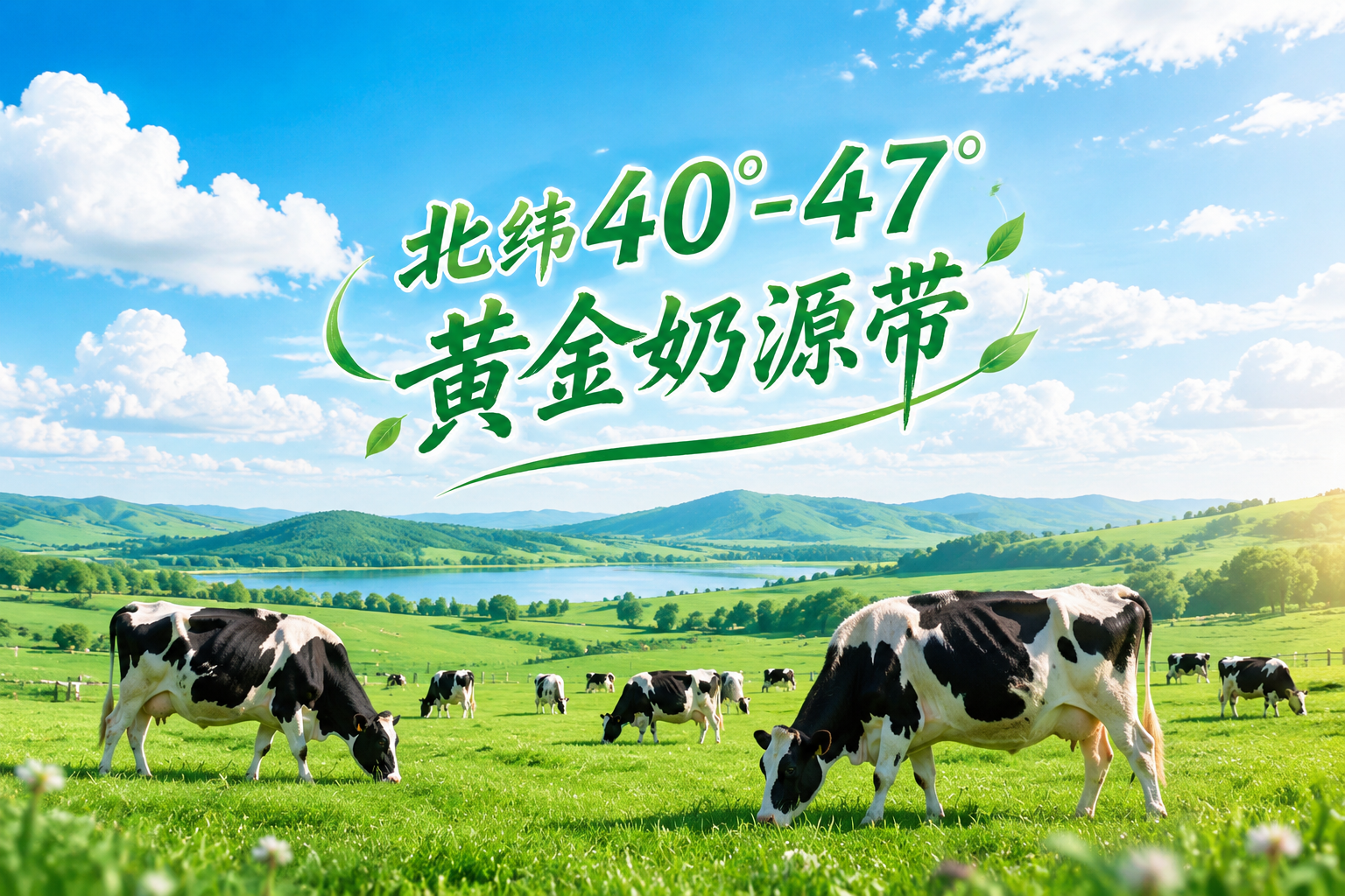 廣闊的綠色草原，藍(lán)天白云下健康的黑白花奶牛在悠閑吃草，畫面疊加“北緯40°-47°黃金奶源帶”的藝術(shù)字樣，突出自然與純凈。