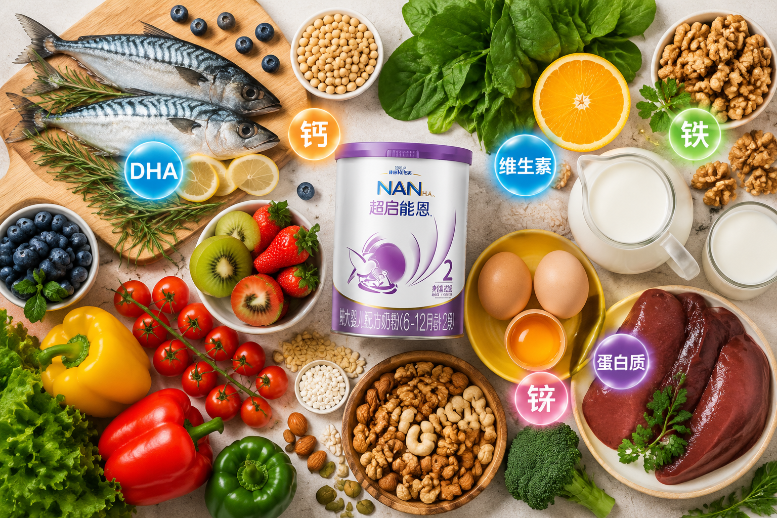 一张精美的食物平铺图，包含深海鱼、核桃、新鲜绿叶蔬菜、鸡蛋、牛奶、动物肝脏和水果，摆盘考究，色彩丰富，光线明亮，代表奶粉中包含的丰富的基础营养、矿物质和维生素。