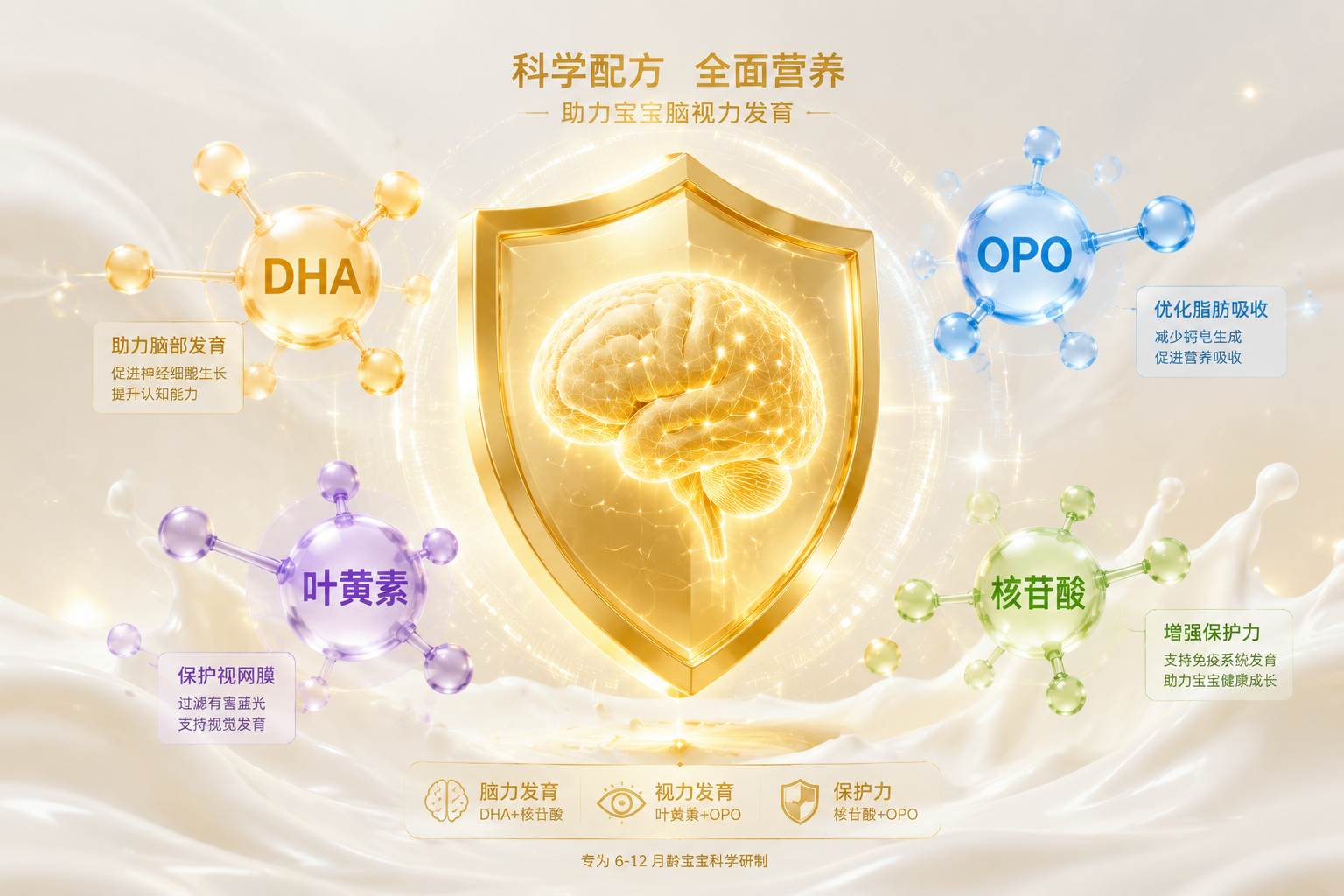 充滿科技感的母嬰營(yíng)養(yǎng)配方概念圖，畫(huà)面中心是一個(gè)發(fā)光的金色盾牌和大腦神經(jīng)元模型，周?chē)h(huán)繞著代表DHA、OPO、葉黃素、核苷酸的彩色分子結(jié)構(gòu)，背景是柔和的乳白色波浪，體現(xiàn)科學(xué)配方和全面營(yíng)養(yǎng)。