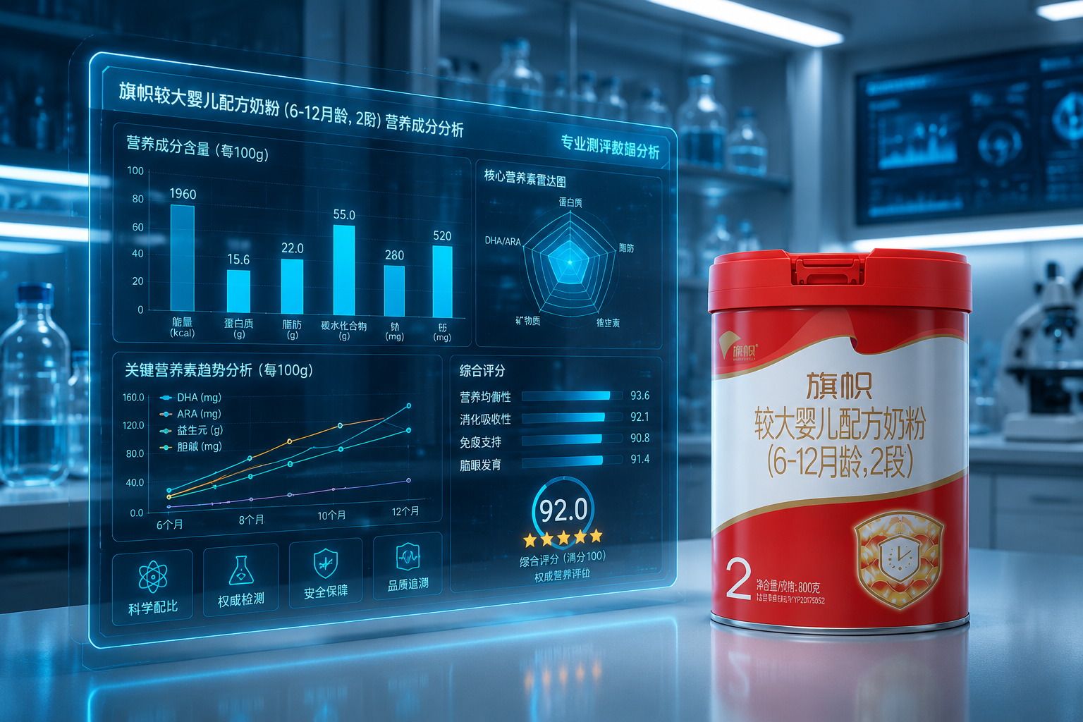 充满科技感的全息数据面板，上面显示着各种营养成分的柱状图和折线图，旁边放着一罐奶粉，背景是干净的实验室环境，突出专业测评和数据分析的氛围，冷色调，高对比度。