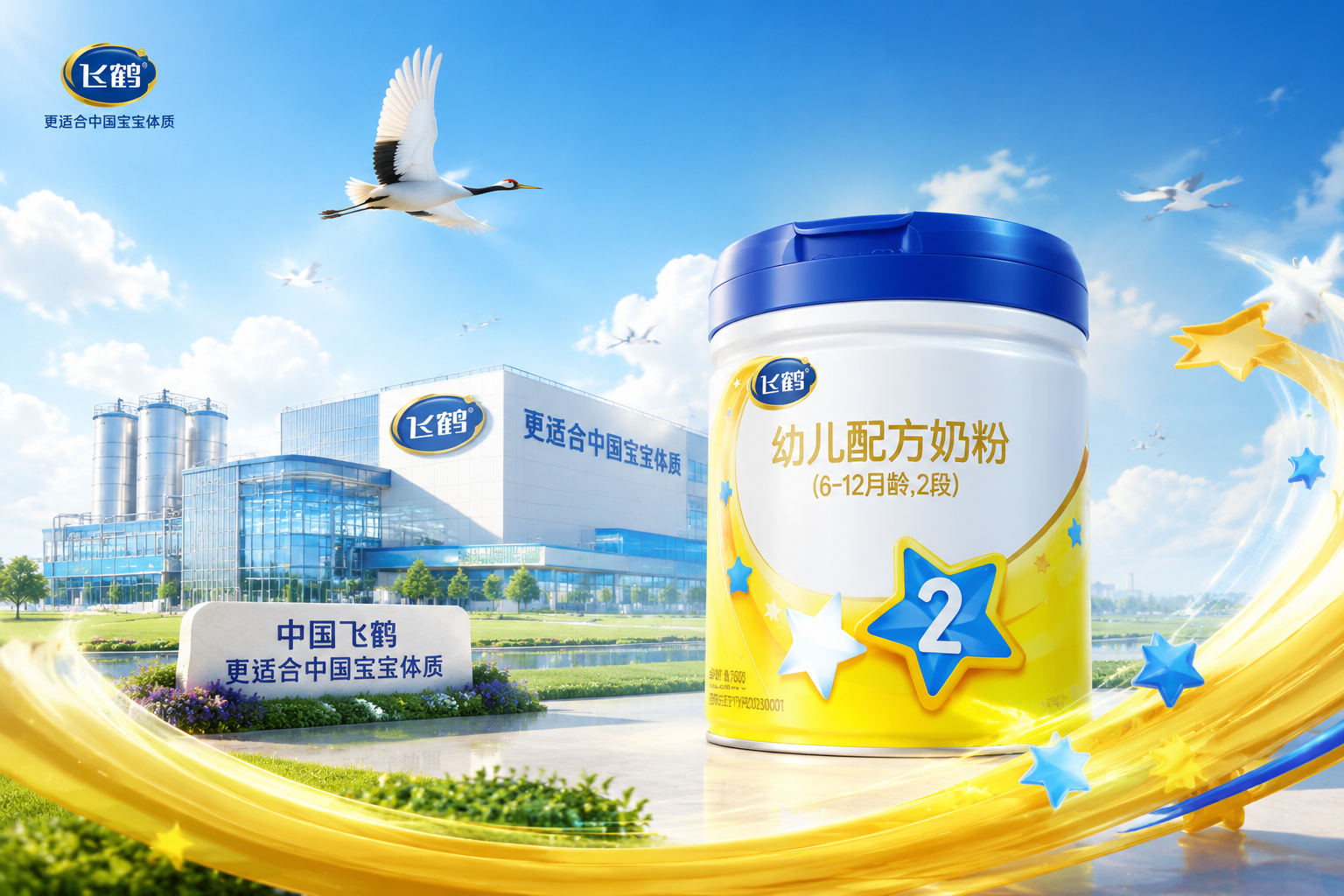 飛鶴奶粉品牌背景，現(xiàn)代化奶粉工廠全景，科技感，高端大氣，明亮色調(diào)，3D渲染，天空中飛翔的丹頂鶴，配合飛鶴星飛帆包裝元素。