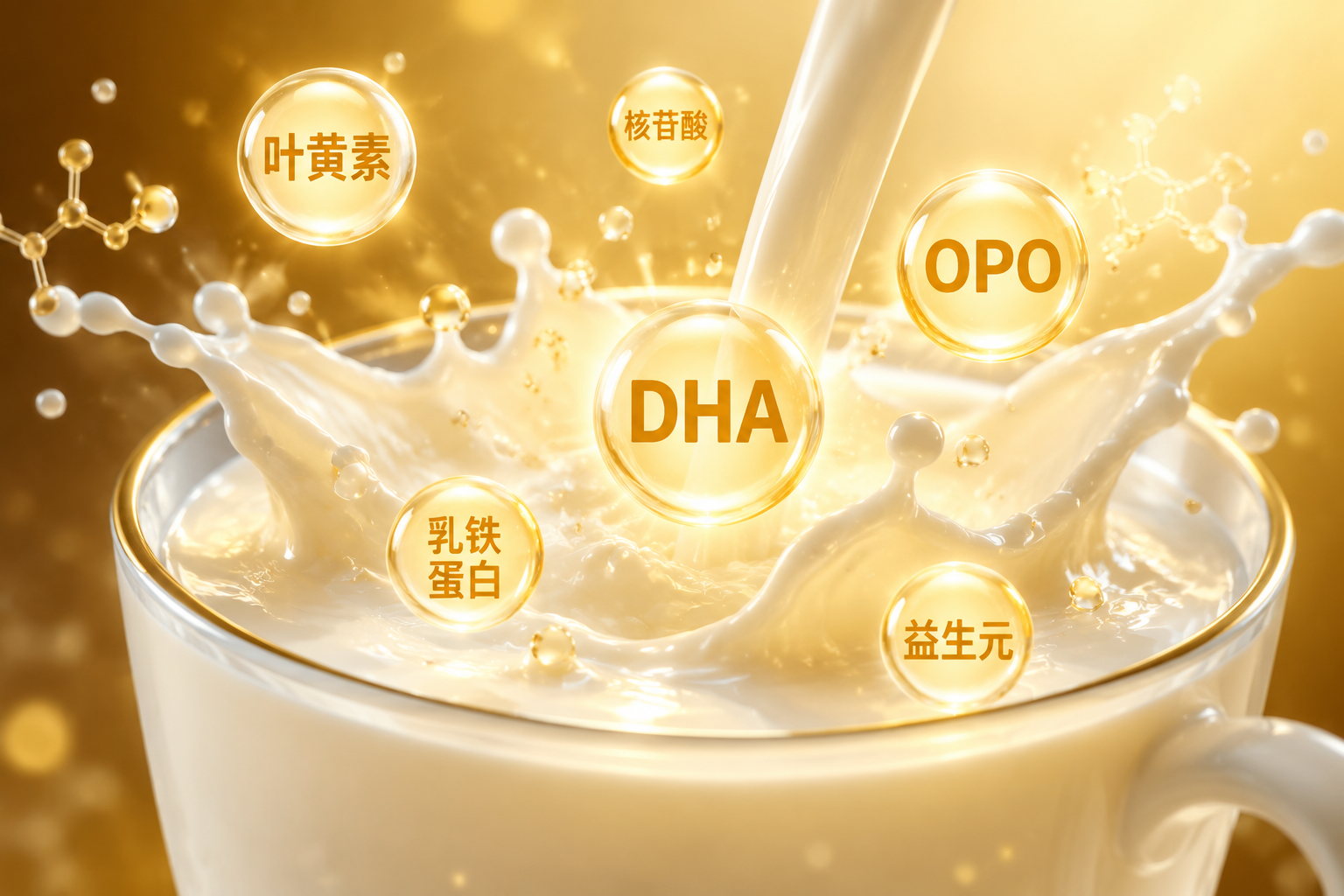 微觀視角的營養(yǎng)元素發(fā)光球體（標(biāo)注DHA、OPO、葉黃素、核苷酸等），融入到一杯濃郁飛濺的牛奶中，科技感與健康感結(jié)合，暖色調(diào)背光，C4D高質(zhì)量渲染。