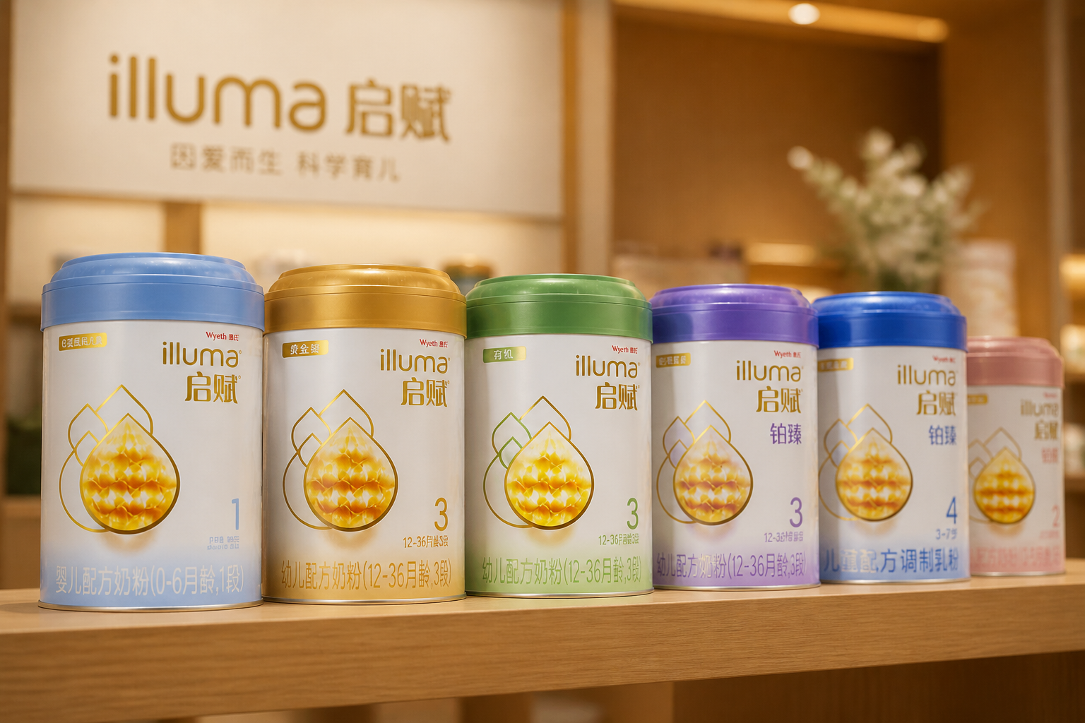 高级木质陈列架上，整齐排列着几款不同包装的惠氏高端奶粉罐（包括金装、有机版、铂臻等），背景虚化，灯光柔和，展现品牌丰富的产品线。