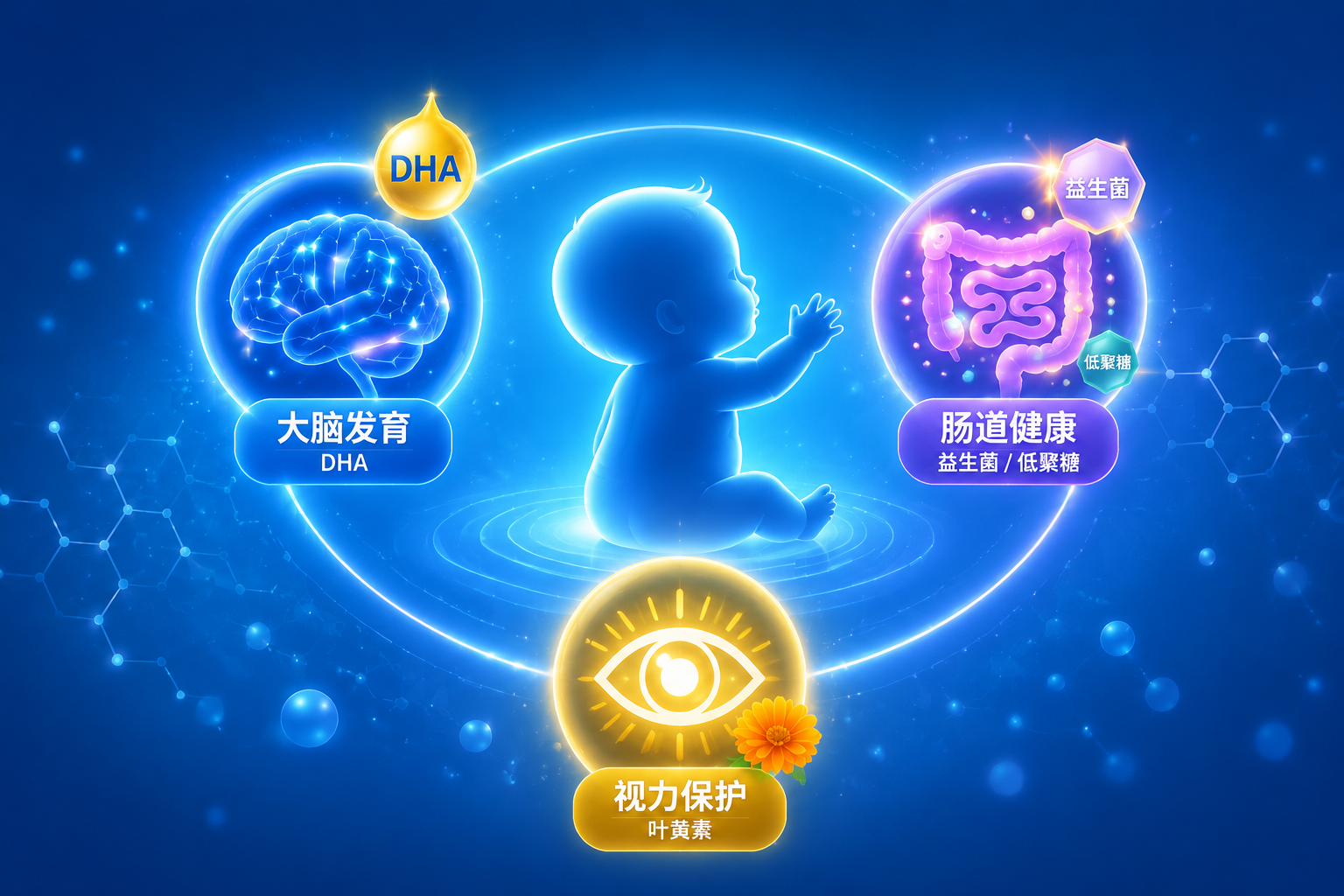 抽象的营养成分可视化图，画面中包含大脑发育（DHA）、肠道健康（益生菌/低聚糖）、视力保护（叶黄素）的科技感发光图标，环绕着一个可爱的婴儿剪影。