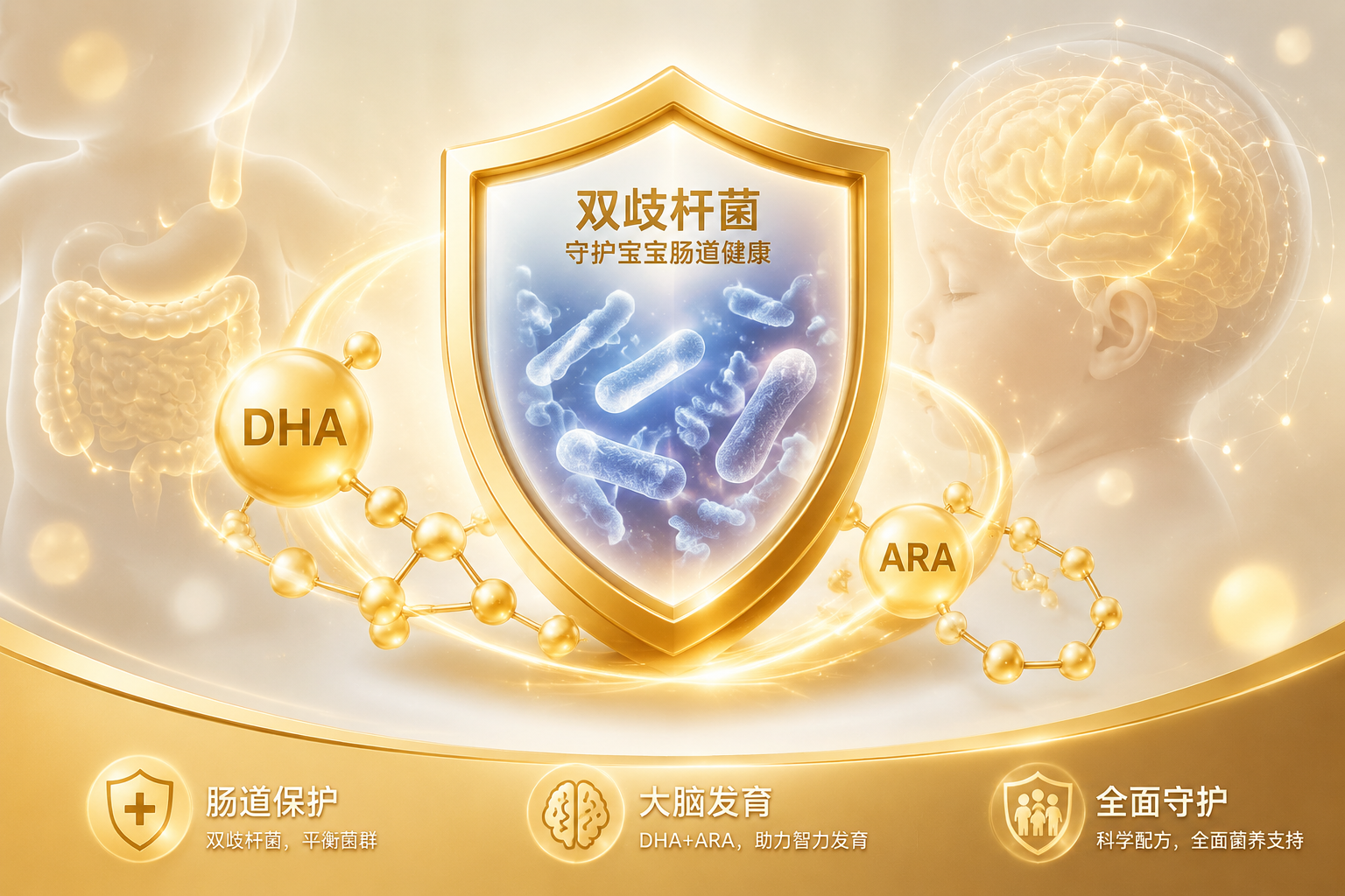 一个金色的盾牌图标，盾牌中心有双歧杆菌的微观结构，周围环绕着DHA和ARA的分子链，象征着强化配方对婴儿肠道和大脑的全面保护，科技感与母婴结合的风格。