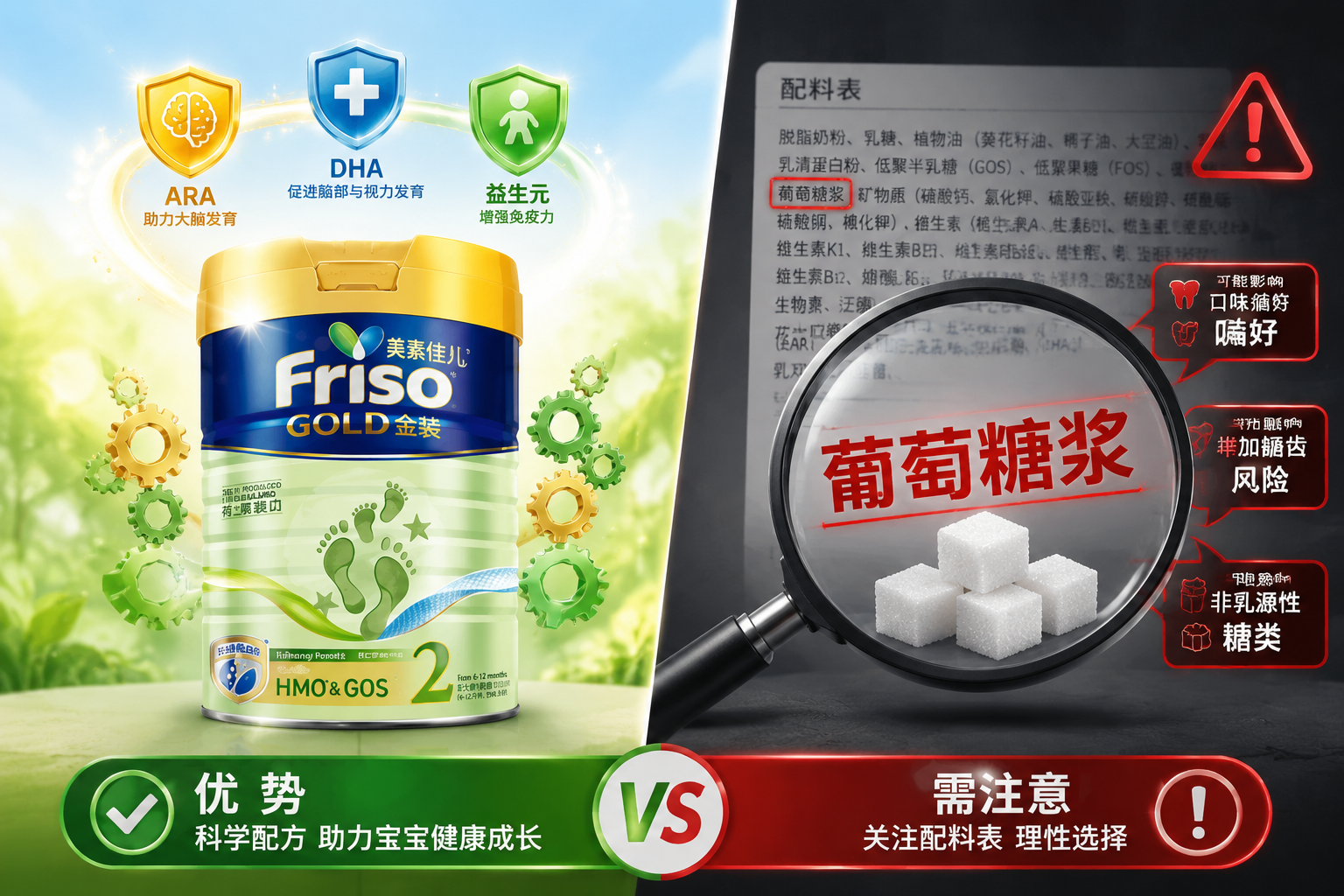 画面分为左右两部分作为对比（左侧明亮，右侧带有警示感）。左边展示奶粉罐上方有代表大脑发育和免疫力增强的盾牌和齿轮图标（ARA, DHA, 益生元）；右边用一个放大镜突出显示“葡萄糖浆”字样和几颗糖块，体现产品的优缺点剖析。