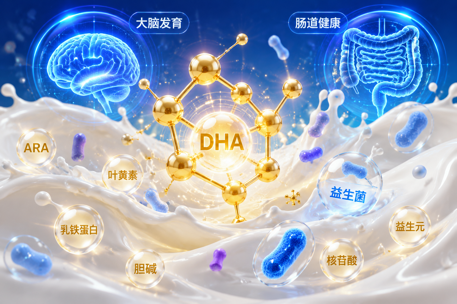微觀視角的科技感畫面，發(fā)光的DHA分子結(jié)構(gòu)、益生菌和營養(yǎng)元素在純凈的牛奶波浪中漂浮，代表大腦發(fā)育和腸道健康的藍(lán)色和金色光澤，3D渲染，高質(zhì)量商業(yè)插畫。