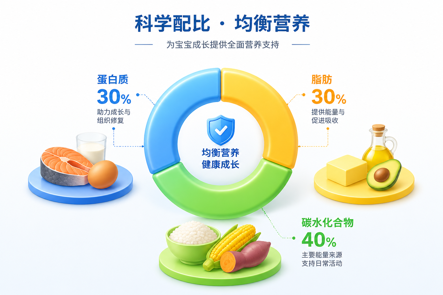 一个现代感的数据图表风格图像，展示蛋白质、脂肪、碳水化合物的3D图标，色彩明快，背景纯净，体现基础营养的均衡与科学配比。