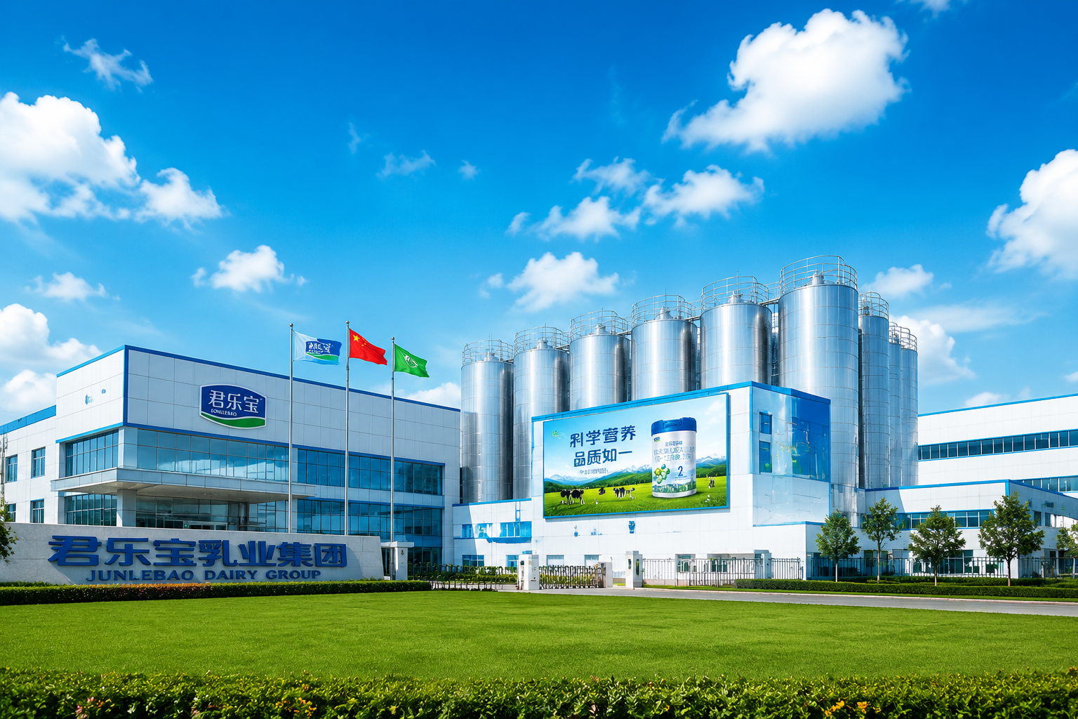 现代化大型乳制品工厂的外景，蓝天白云下，绿色的草地和充满科技感的现代化厂房，展现品牌的硬核实力和规模，画面大气、充满生机。