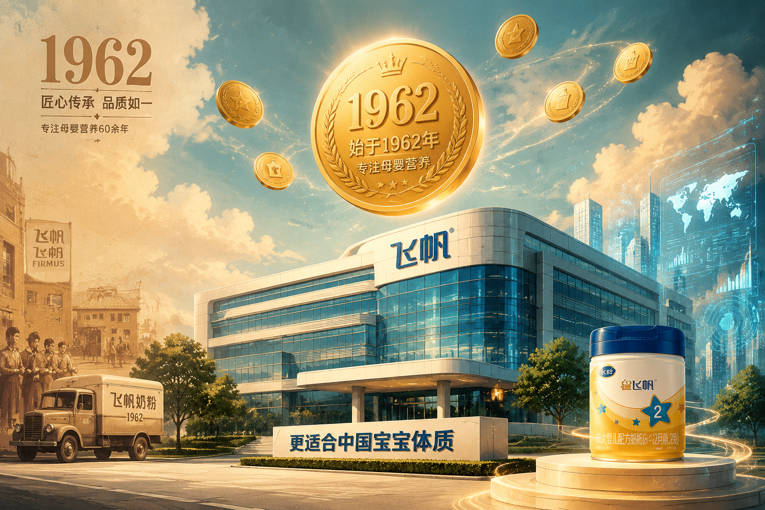 现代化的企业大楼，背景是1962年的复古色调与现代科技感的交融，天空中漂浮着金色的奖牌，象征着品牌的悠久历史与荣誉，高质量，商业插画风格。