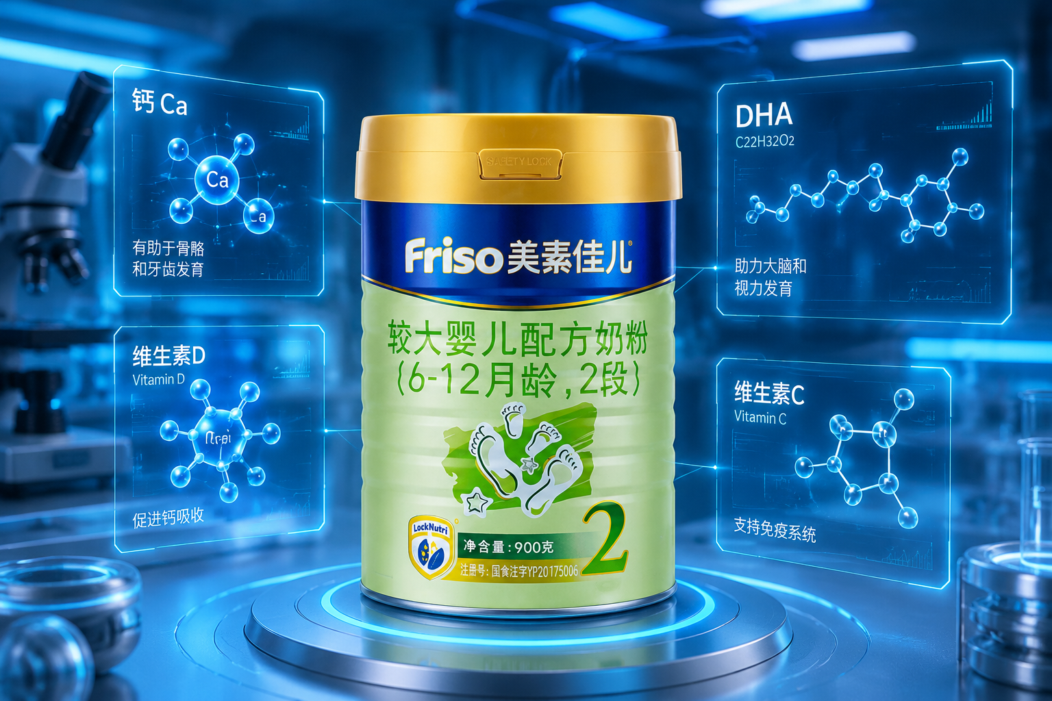 充满科技感的实验室背景，发光的半透明全息数据图表悬浮在空中，展示着各种营养分子的结构（如钙、DHA、维生素），干净整洁，3D渲染，微距视角，科技蓝调。