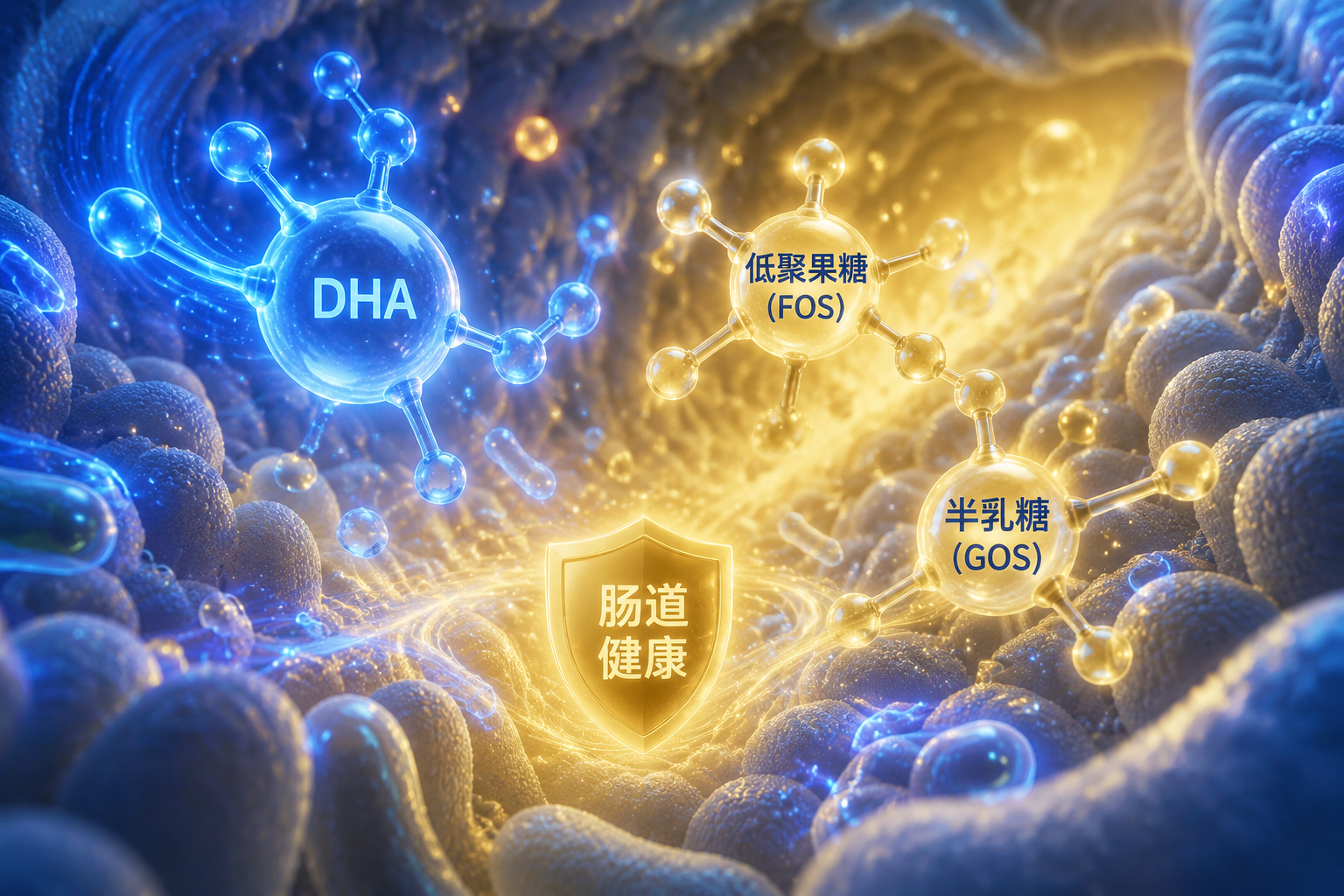 微距3D渲染风格，展现发光的DHA分子结构和益生元（低聚果糖/半乳糖）在肠道内守护健康的抽象概念图，蓝色与暖黄色调交织，充满科技感与生命力。