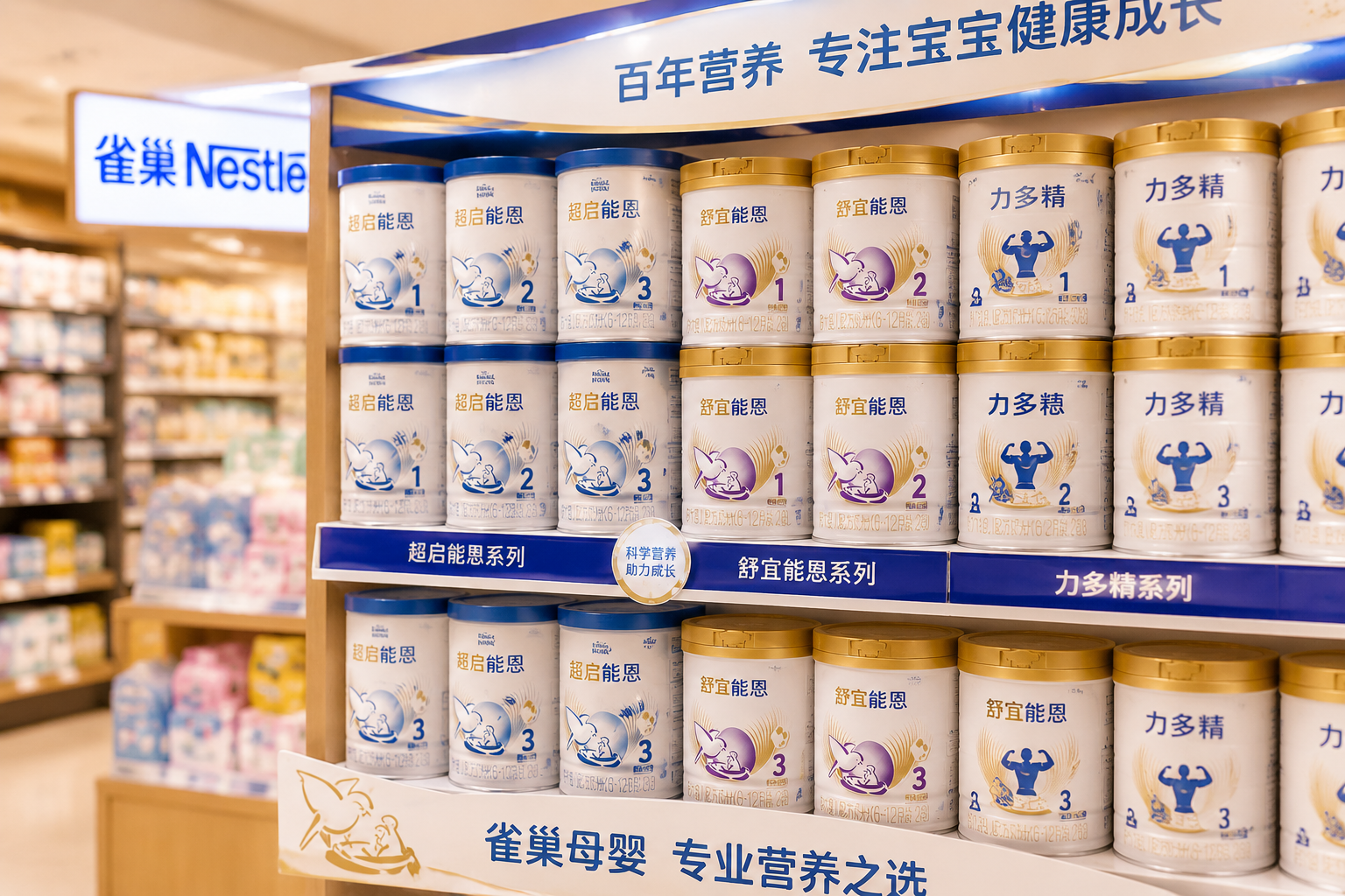 超市母婴专区的精美货架，上面整齐排列着雀巢不同段数（1段、2段、3段）和不同系列（超启能恩、力多精等）的奶粉罐，景深效果，突出品牌的丰富产品线，光线明亮，居家消费场景。