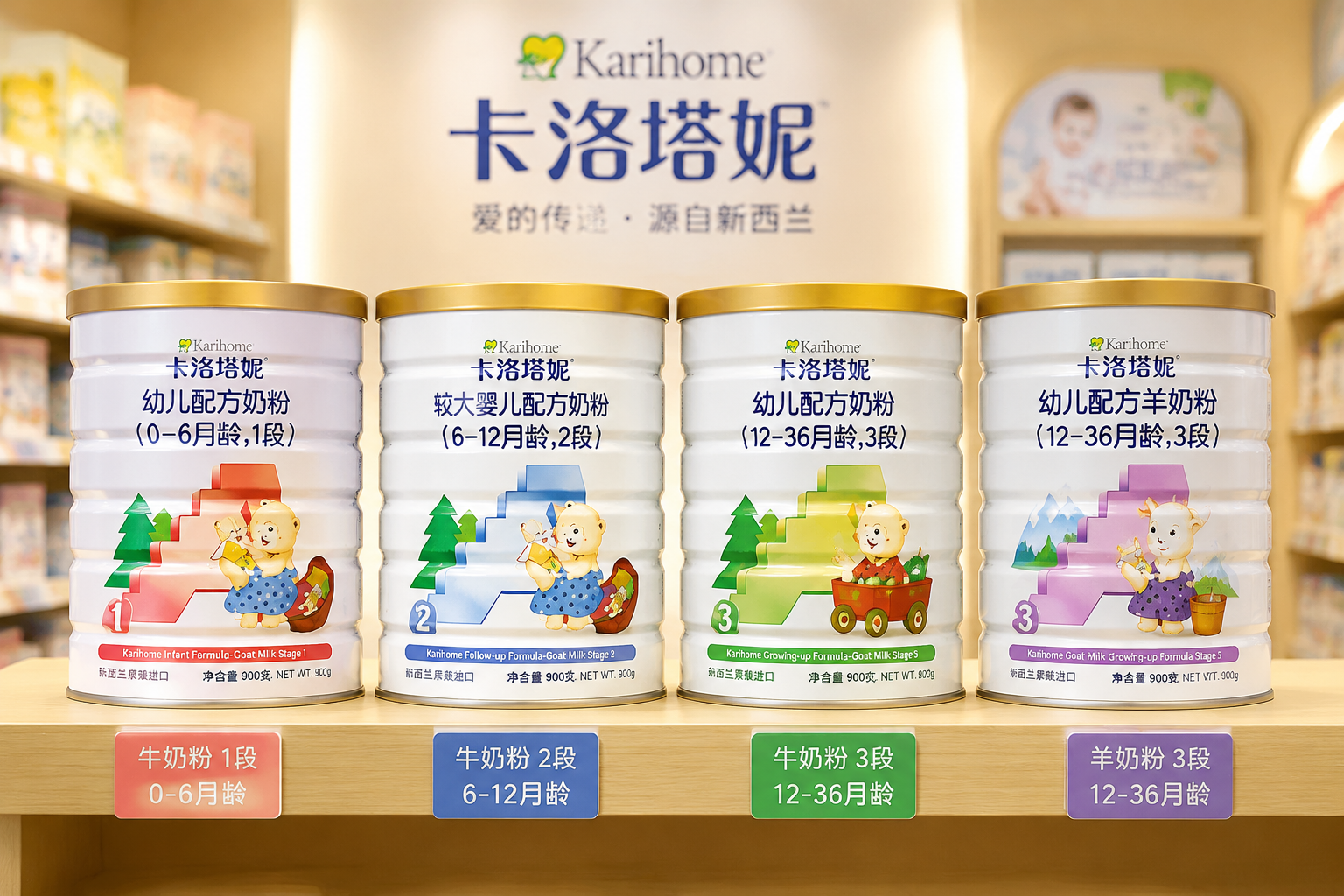 货架上整齐排列的卡洛塔妮奶粉家族。左边是牛奶粉系列的1段、2段、3段包装罐，右边是卡洛塔妮羊奶粉系列的包装罐，背景是柔和的母婴店光线，展现品牌丰富的产品线。