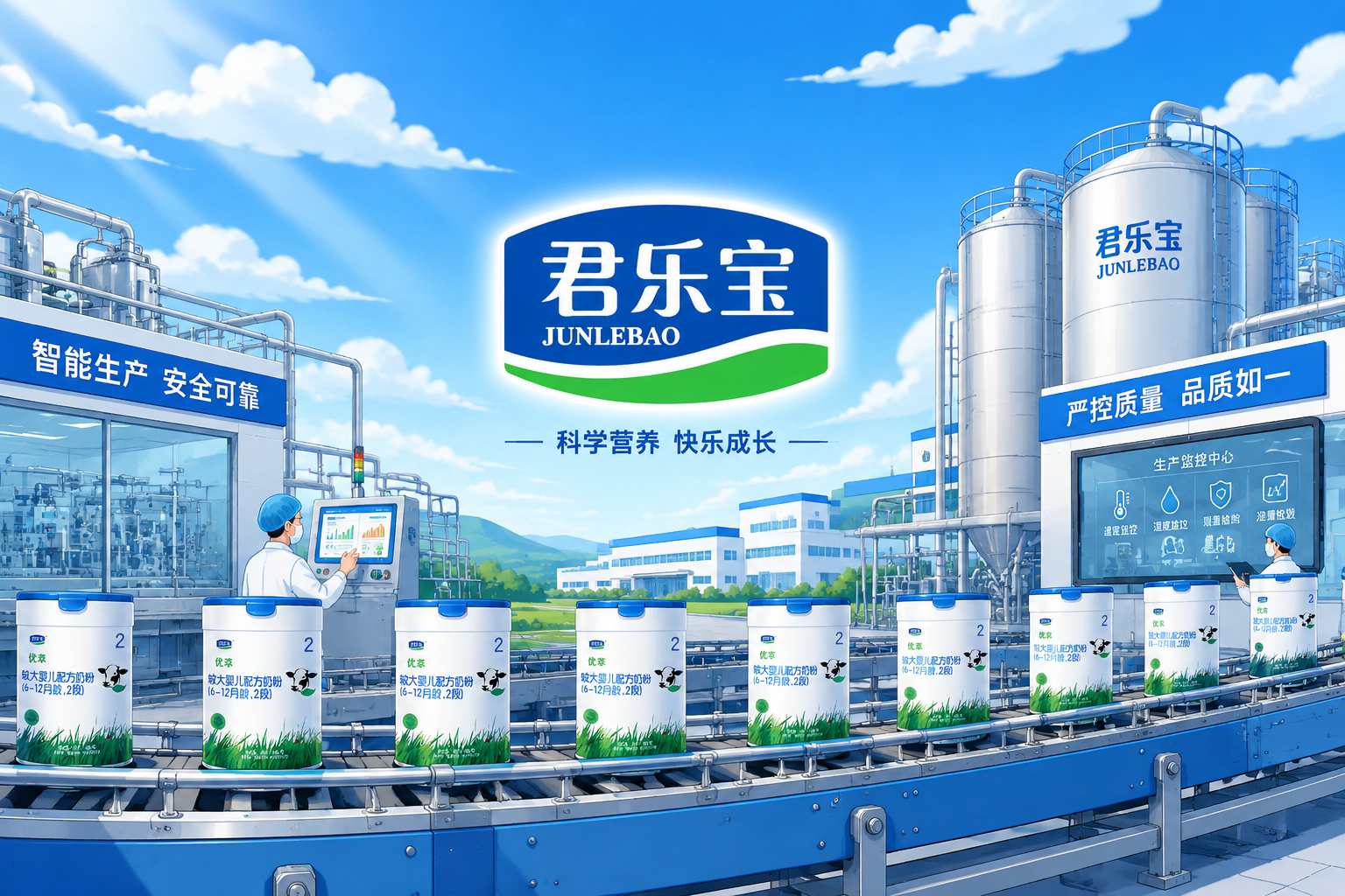 扁平化插画风格,展示一个现代化的乳制品工厂流水线,带有蓝天白云的背景,画面中心有“君乐宝”品牌元素的抽象标识,传达出企业实力雄厚、生产安全可靠的视觉感受,色彩明亮,专业感强。