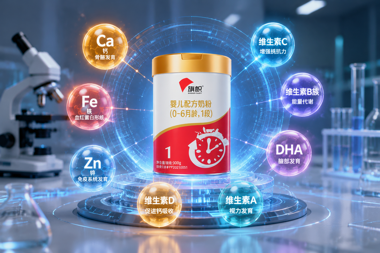 科学实验室风格，显微镜下的营养分子发光特效（如钙、铁、锌、维生素），画面充满科技感与严谨感，冷暖色调交替，展现全面均衡的基础营养配比。 --ar 16:9