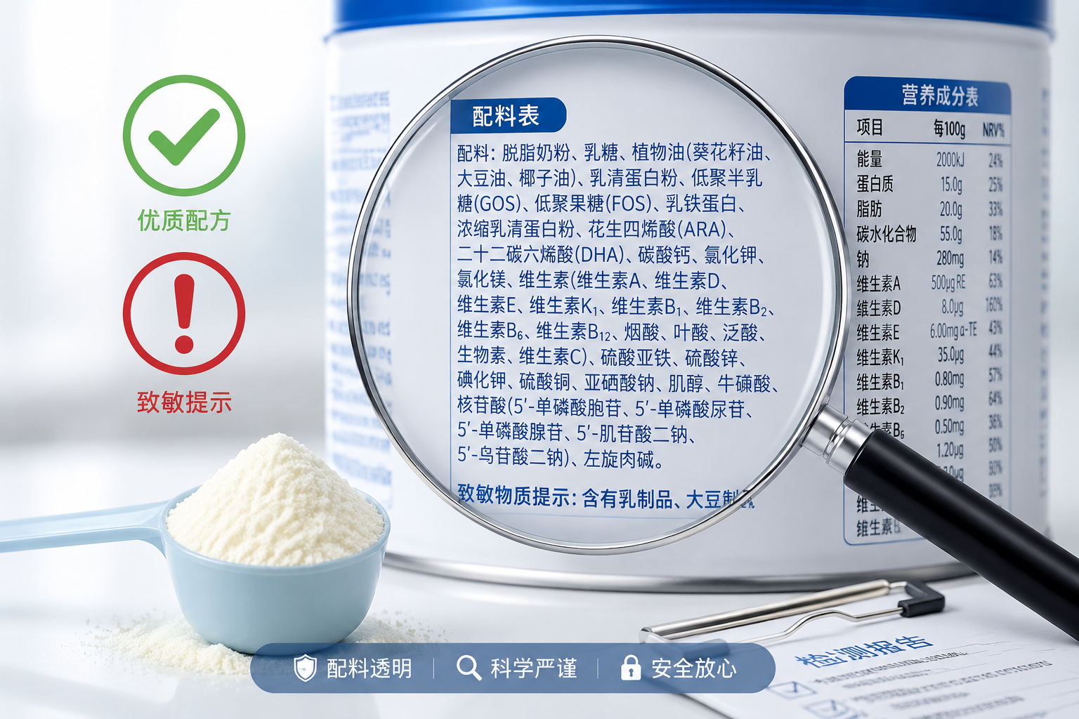 奶粉配料表的高清特写图，旁边配有绿色的打勾图标和红色的感叹号图标。画面中有一小勺细腻洁白的奶粉，背景干净整洁，传达出严谨的测评态度和对食品安全的关注。