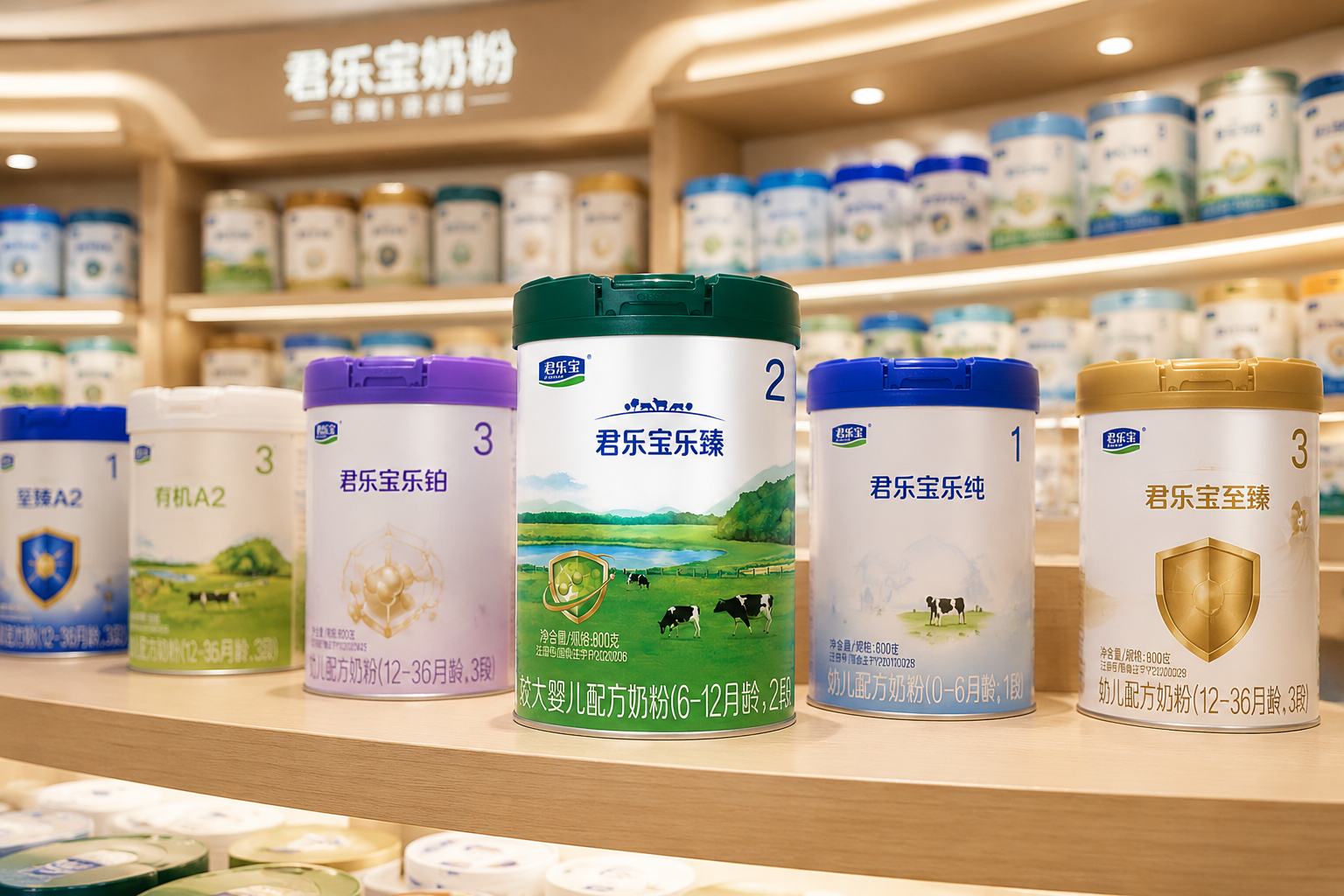 高端母嬰店陳列柜的場(chǎng)景，木質(zhì)貨架上整齊地排列著君樂(lè)寶不同系列和段數(shù)的奶粉罐（包括樂(lè)鉑、樂(lè)純、至臻等），焦點(diǎn)對(duì)準(zhǔn)中間的樂(lè)臻奶粉，背景虛化，體現(xiàn)品牌家族矩陣的龐大，柔和的商業(yè)布光。