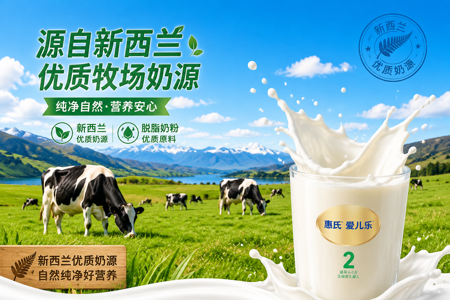 廣闊的新西蘭綠色牧場(chǎng)，藍(lán)天白云，幾頭健康的黑白花奶牛在吃草，畫面純凈自然，前景有一杯濺起的純白牛奶，強(qiáng)調(diào)“新西蘭優(yōu)質(zhì)奶源”與“脫脂奶粉”原料。