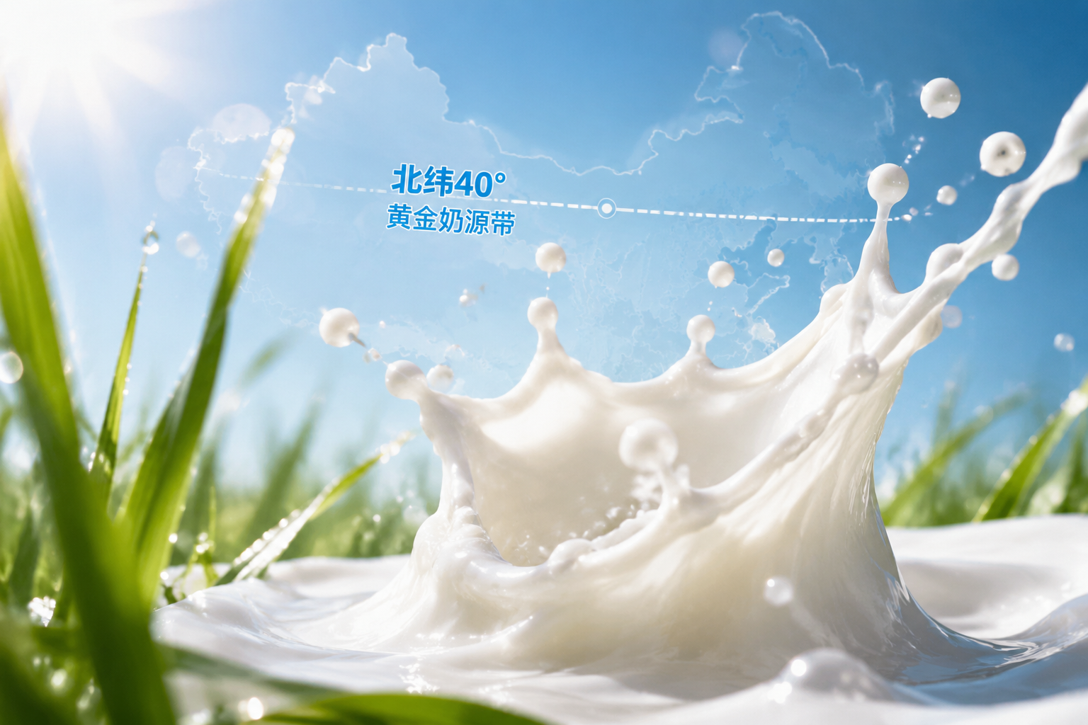 纯净的生牛乳在空中溅起优美的奶花，周围环绕着新鲜的牧草和阳光，背景呈现出北纬40度黄金奶源带的地图轮廓虚影，微距摄影，液体质感逼真，清新自然。