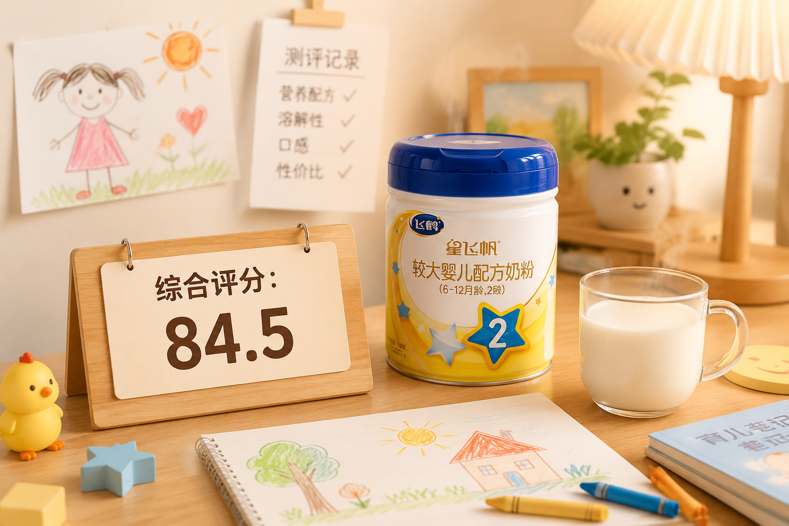 測評(píng)博主的書桌，放著一個(gè)木制評(píng)分牌寫著“綜合評(píng)分：84.5”，旁邊放著飛鶴星飛帆2段奶粉和一杯沖泡好的熱牛奶，寶寶手繪涂鴉點(diǎn)綴，溫馨生活感，明亮溫暖的色調(diào)。