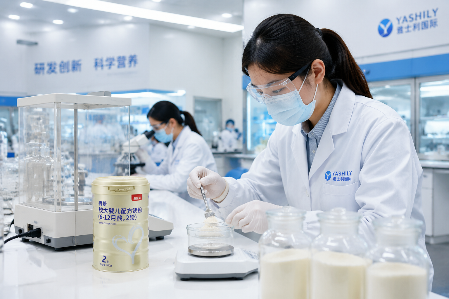 一座現(xiàn)代化的高科技嬰幼兒食品研發(fā)實驗室，科研人員正在使用精密儀器進(jìn)行奶粉配方測試，背景是整潔明亮的無菌環(huán)境，充滿科技感與專業(yè)感，真實攝影，8k
