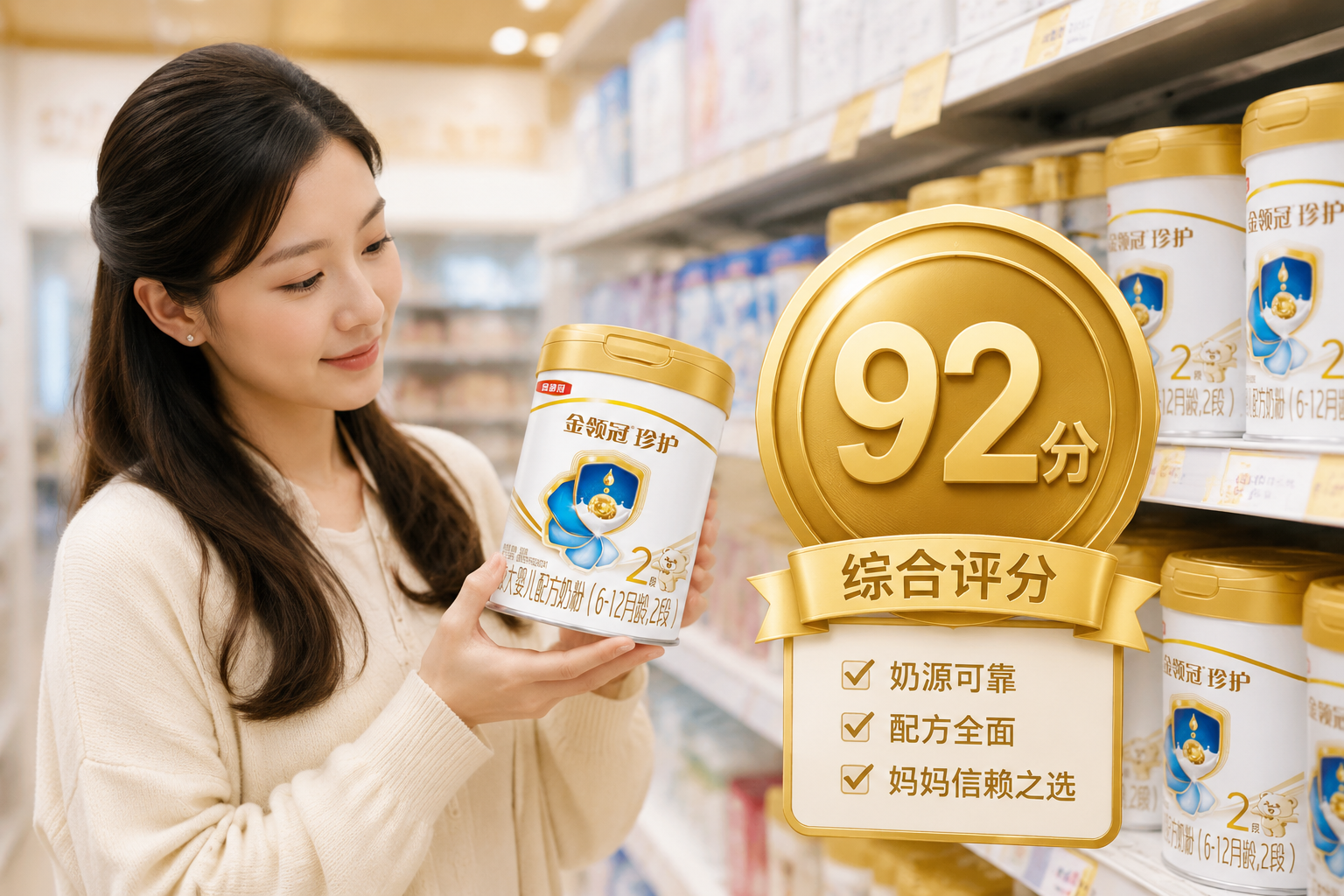 一位温柔的母亲正在超市的奶粉货架前仔细查看奶粉罐，手中拿着金领冠珍护奶粉，旁边有大大的“92分”金色立体评分徽章，画面传达出信赖、安心的购物指导氛围，高质量摄影。