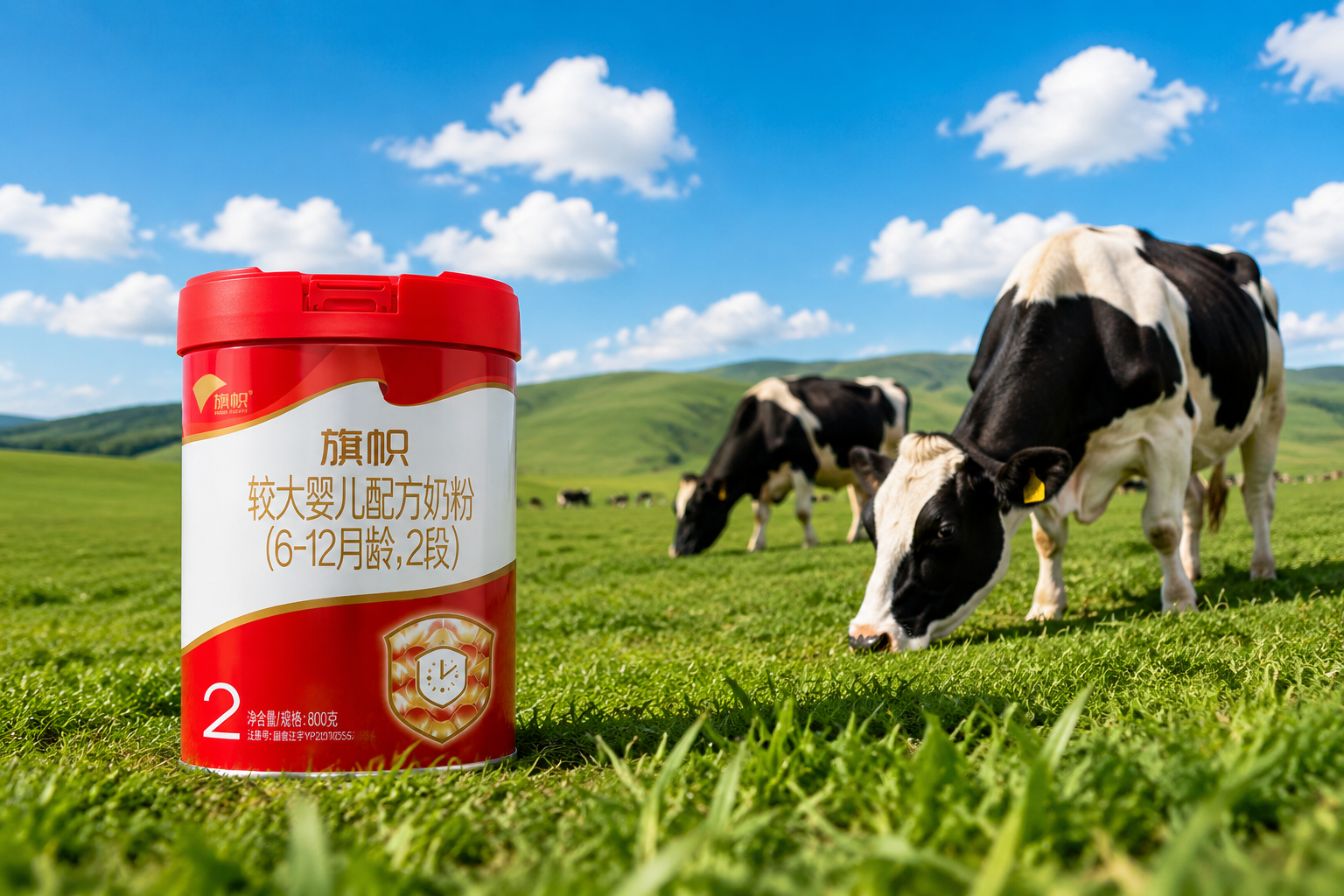 一罐精美的婴儿配方奶粉放置在绿意盎然的坝上草原背景中，阳光明媚，蓝天白云，旁边有几头健康的奶牛在吃草，画面明亮、清新、充满生机，高质量，8k分辨率，逼真摄影风格。