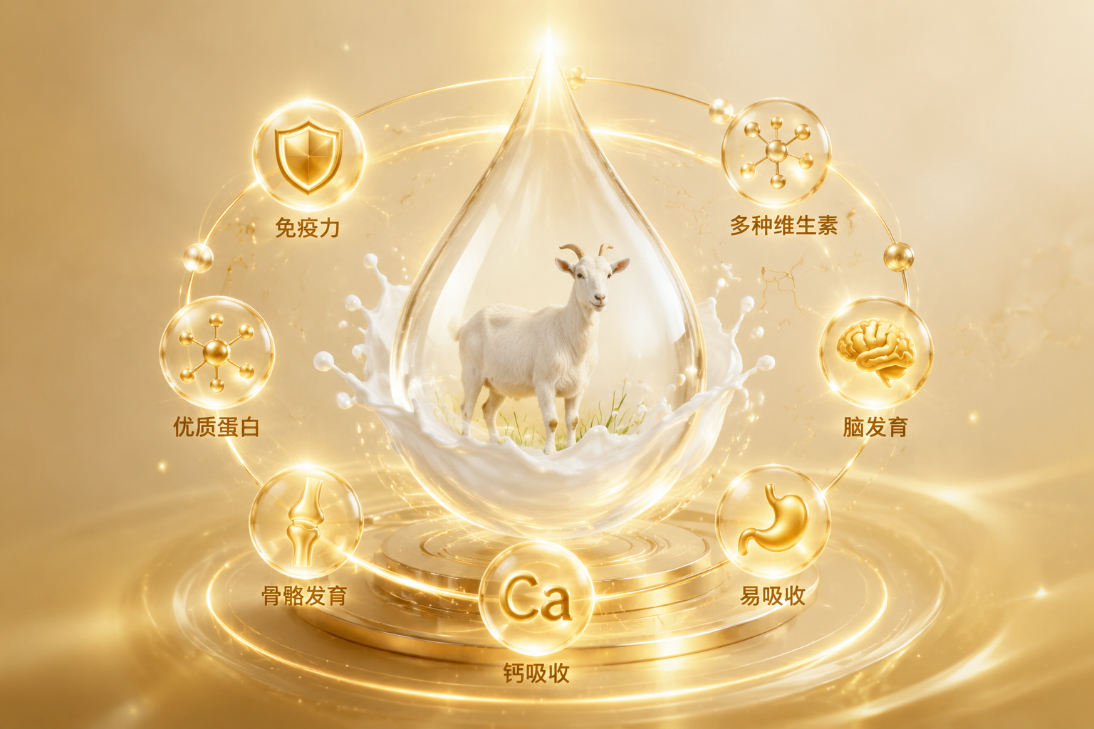 充满科技感与自然结合的营养元素发光图标（如盾牌代表免疫力、大脑代表智力），环绕着一滴纯净的羊奶，背景为淡金色，体现高端配方和易吸收的特点，3D渲染。