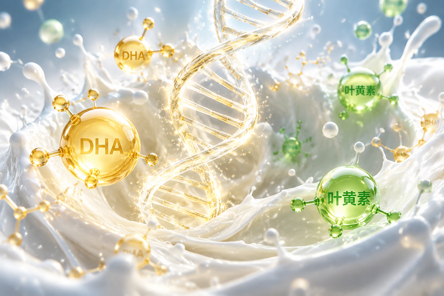 3D微觀視角，發(fā)光的DNA螺旋、金色的DHA分子和綠色的葉黃素分子在純凈的牛奶波紋中漂浮，充滿科技感與營養(yǎng)感，C4D渲染。