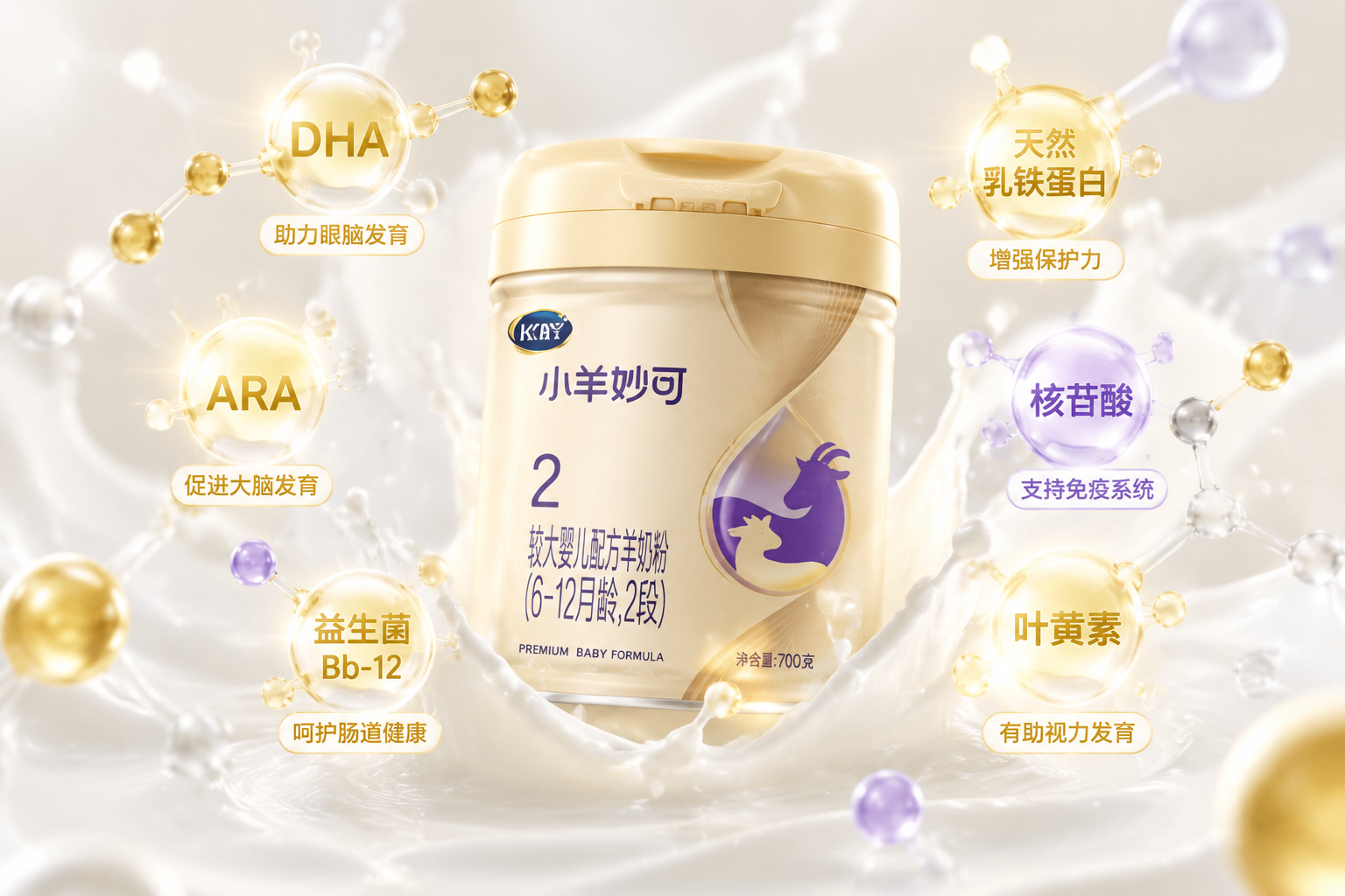 一张微距视角的配料解析图。背景是纯净的羊奶飞溅效果，周围环绕着发光的分子结构（代表DHA、ARA、益生菌Bb-12等），画面清新、科学、严谨，展现配料的丰富与纯净。