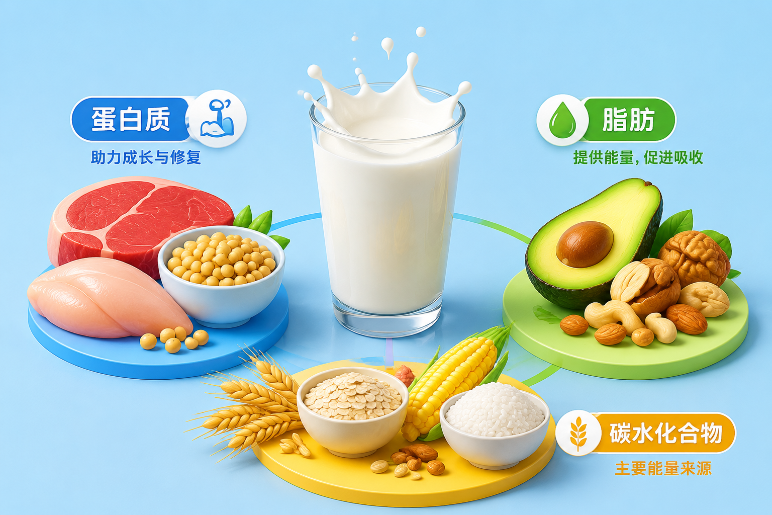 展現(xiàn)基礎(chǔ)營養(yǎng)的視覺概念圖，畫面中心是一杯純凈的牛奶，周圍環(huán)繞著代表蛋白質(zhì)（肉類/大豆）、脂肪（牛油果/堅果）和碳水化合物（谷物）的精美3D圖標(biāo)，色彩豐富，營養(yǎng)均衡的視覺感受，純色背景。