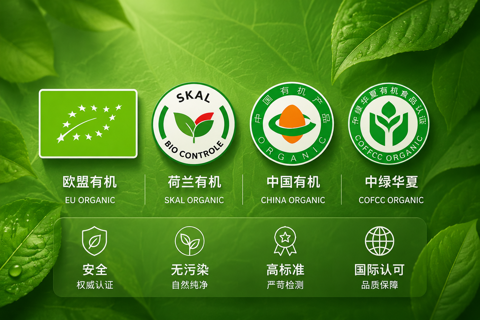 四个权威有机认证标志的精美排版组合（包含欧盟有机、荷兰有机、中国有机、中绿华夏元素），放置在带有绿色树叶纹理的背景上，象征着安全、无污染、高标准的食品认证，扁平化设计与立体质感结合。