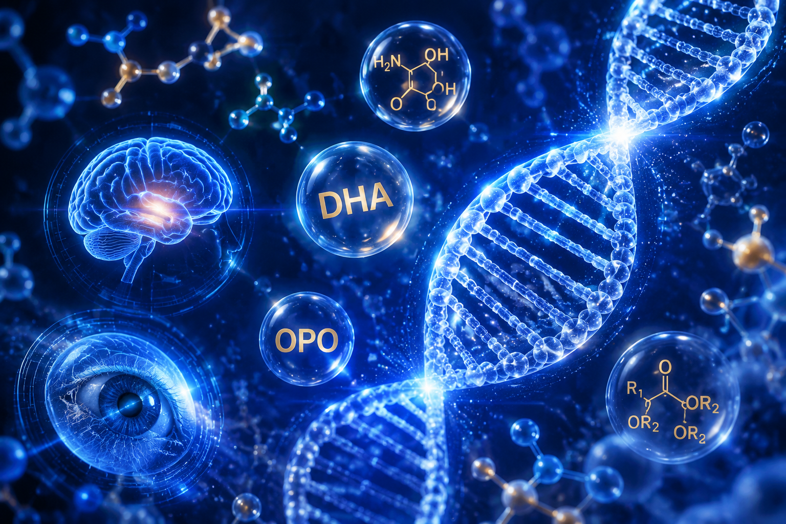 充满科技感的微观世界，发光的DNA螺旋结构和营养分子（如DHA、OPO分子式）在深蓝色背景中漂浮，代表高科技配方和大脑、视力发育，3D渲染，极具未来感与专业性。